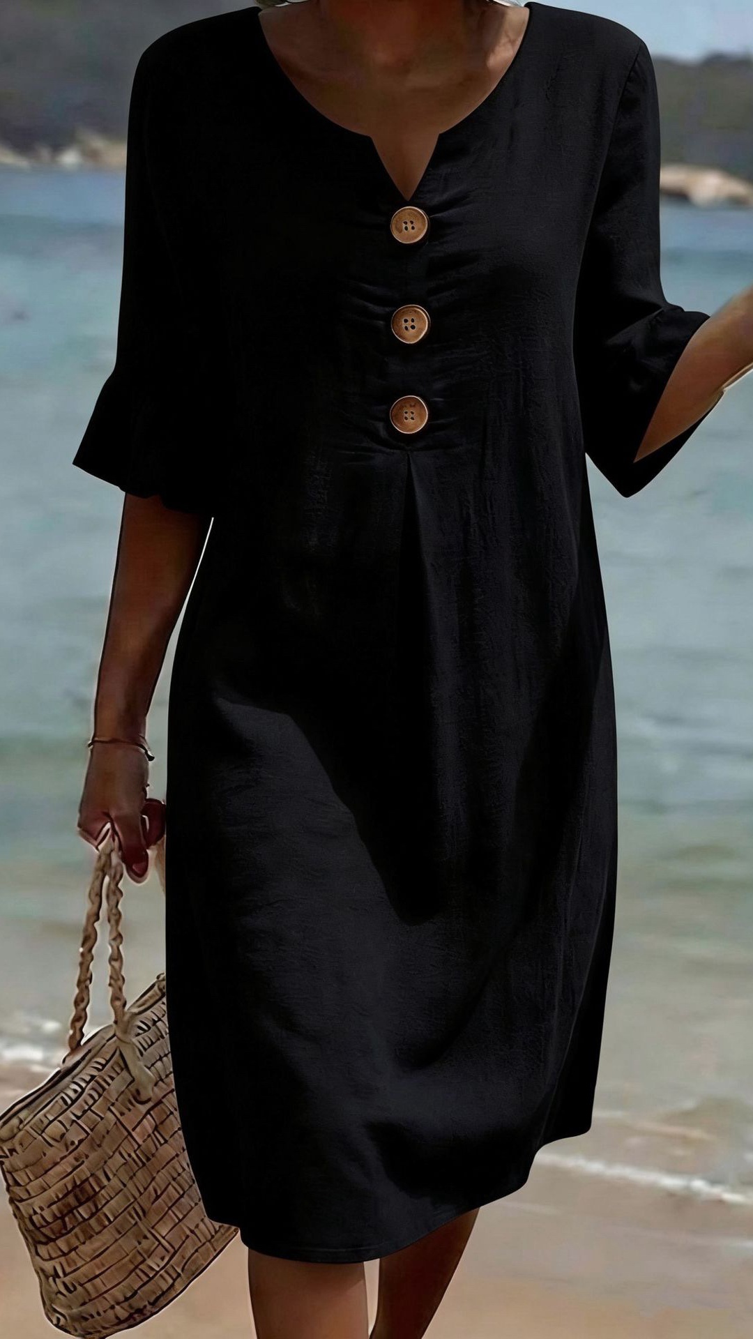 Women's Cotton-Linen Dress with V-Neck, Large Buttons, and Ruffled Sleeves - Nordfashionstorm - Women's Clothing, Fashion for You - Nordfashionstorm.com