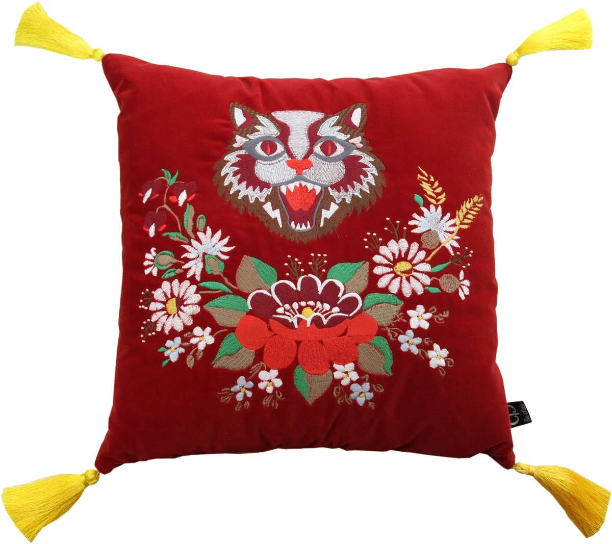 Luxury decorative cushion with tassels Cat red / yellow 45 x 45 cm - finest velvet fabric - living room cushion