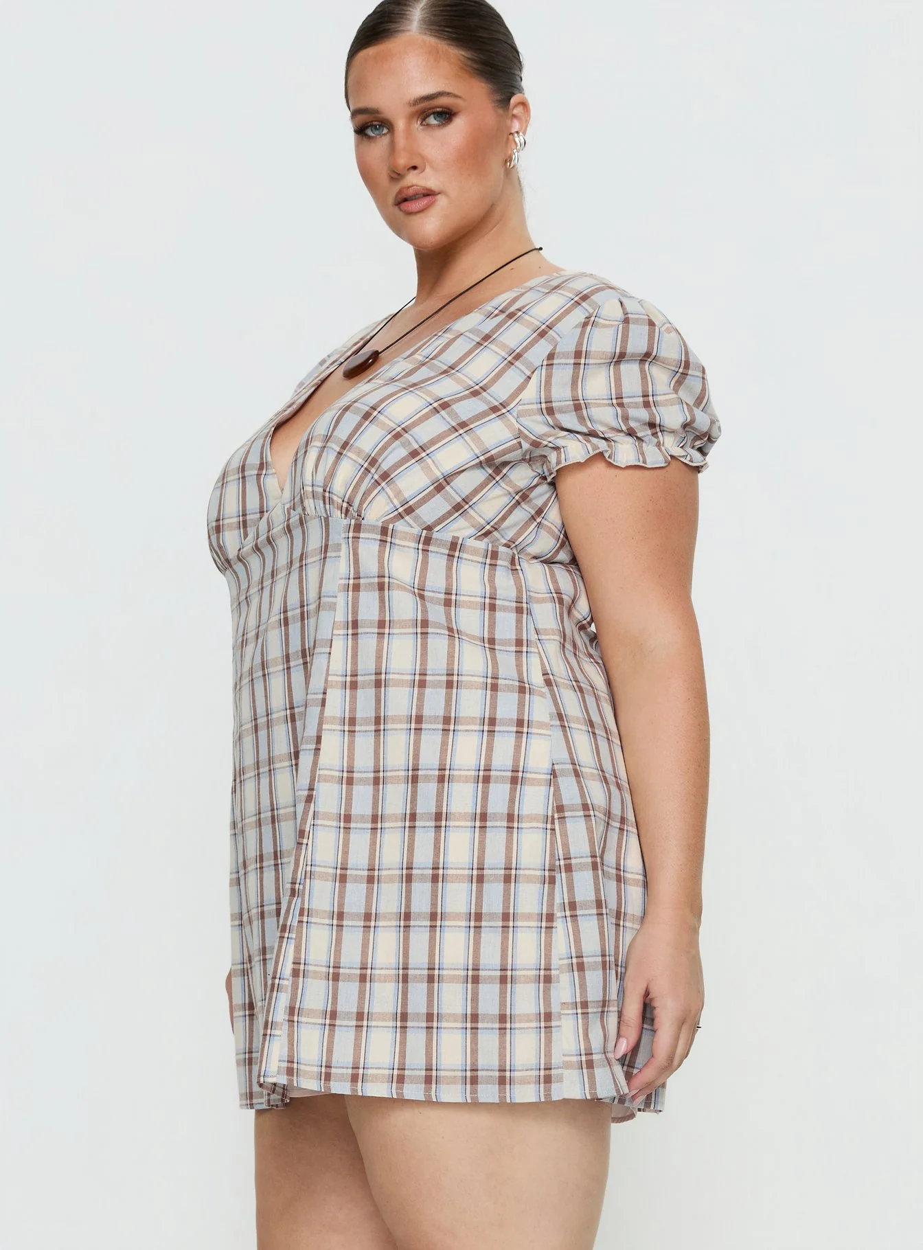 Mystee Plunge Neck Playsuit Blue Check Curve