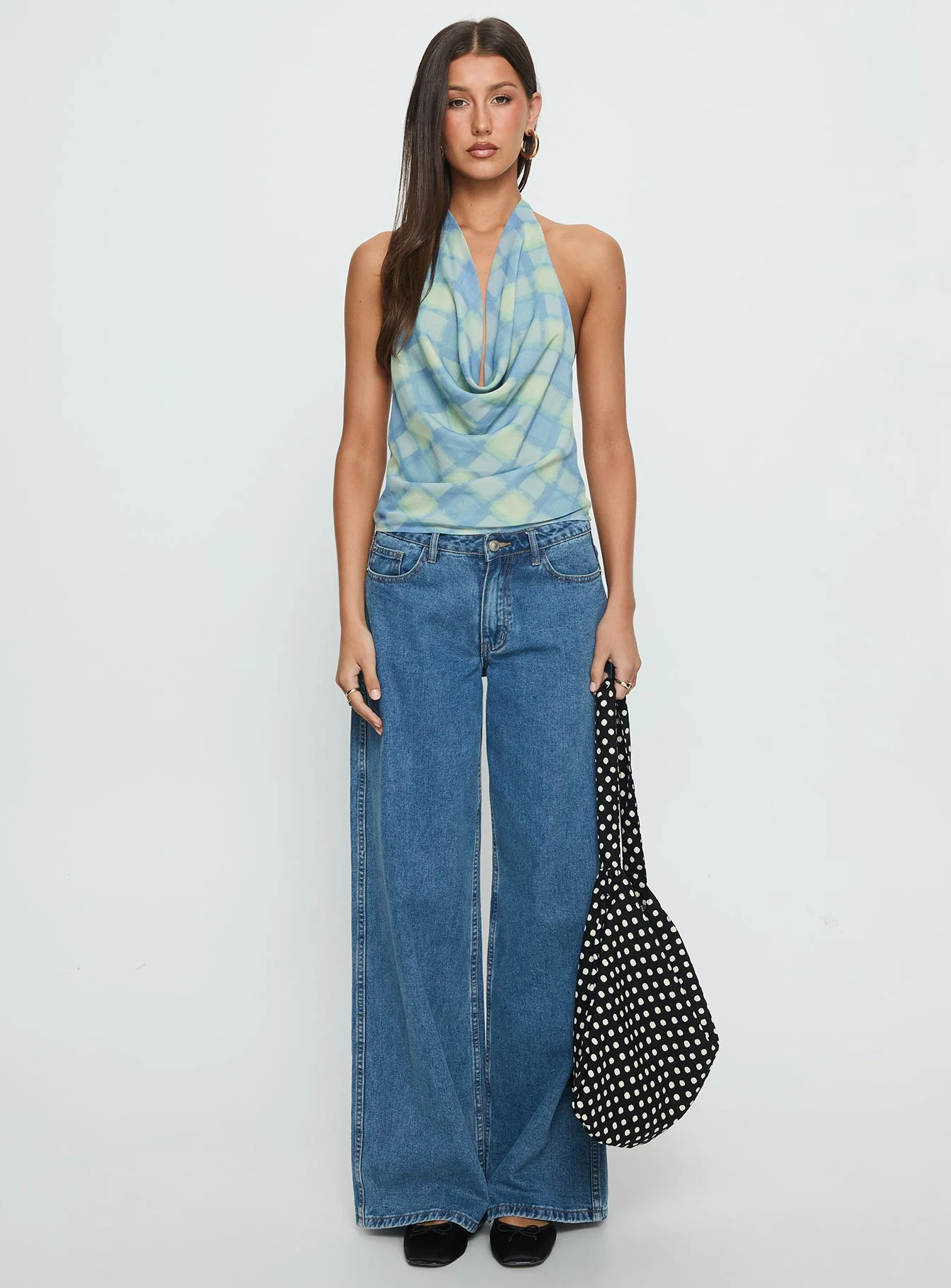 Karelyn Plunge Neck Top Teal Check