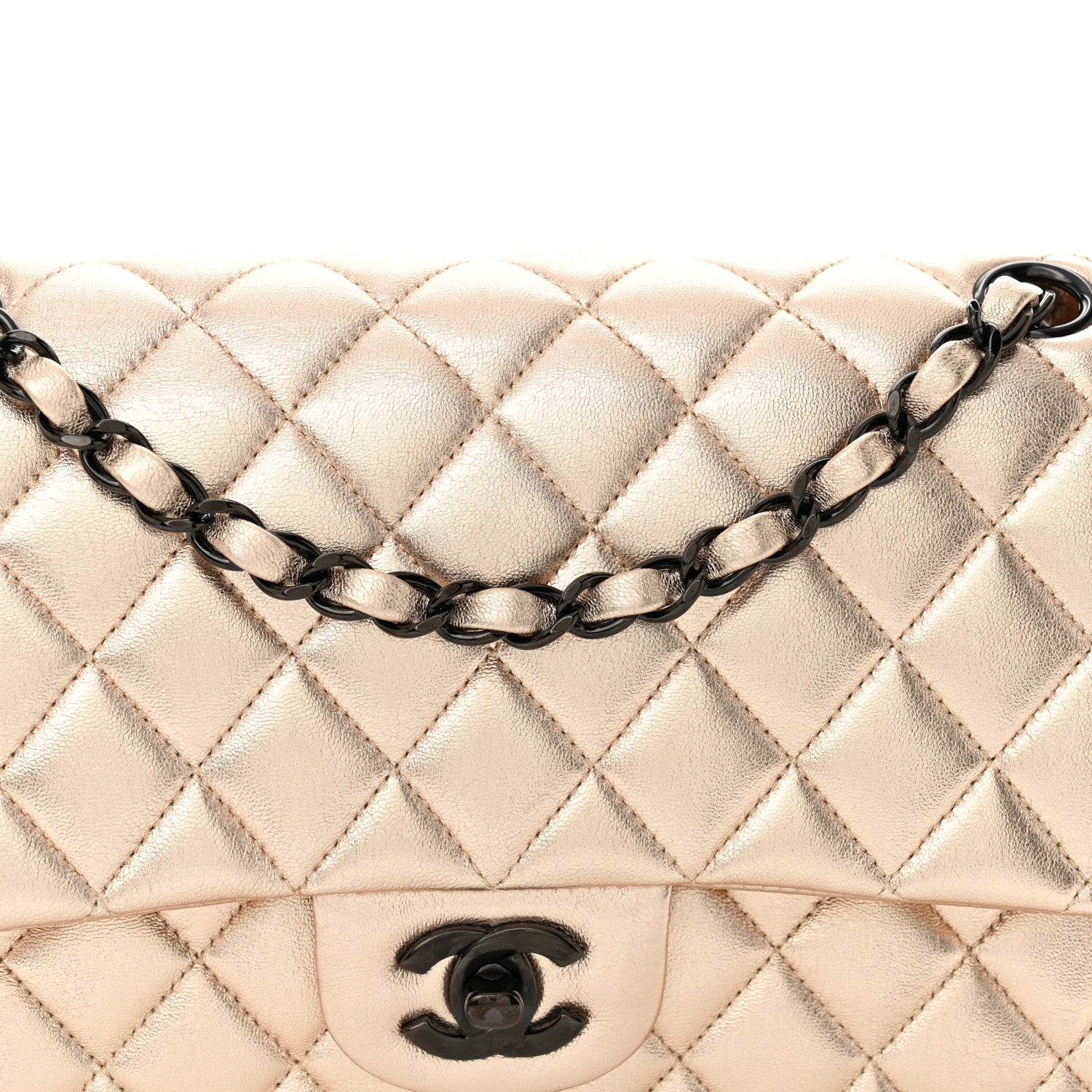 Metallic Lambskin Quilted Medium Double Flap Gold Black - Top Club