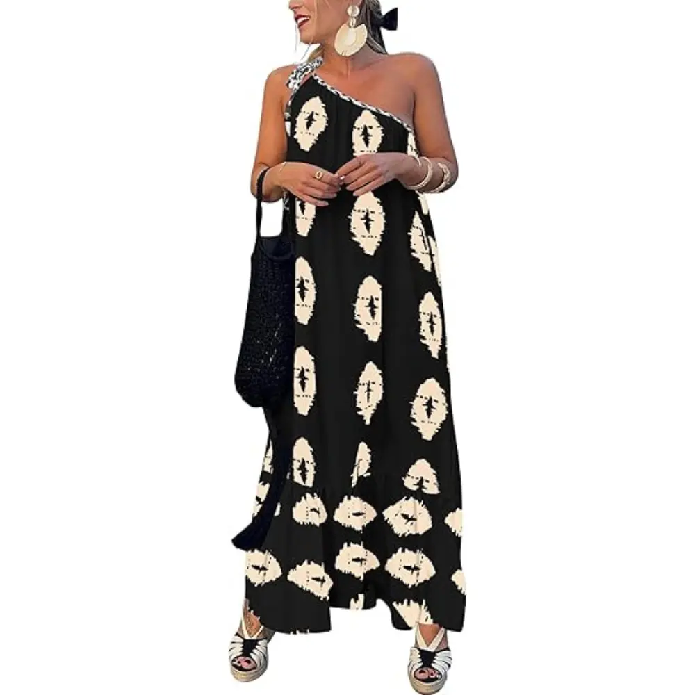 PrettyGarden Women's One Shoulder Spaghetti Strap Printed A Line Flowy Boho Maxi Long Sundress