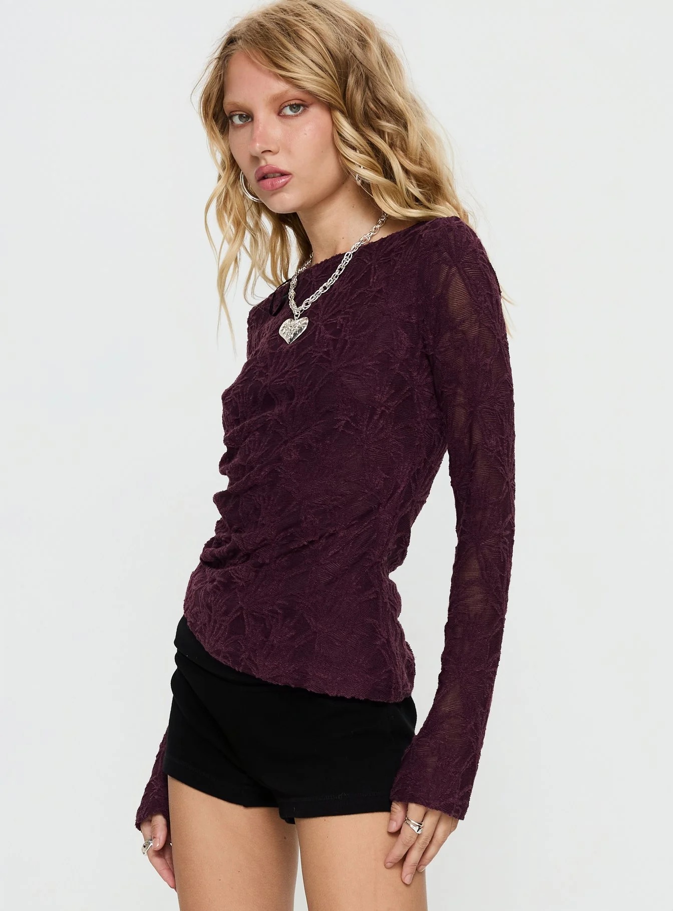 Branna Ruched Lace Long Sleeve Top Plum