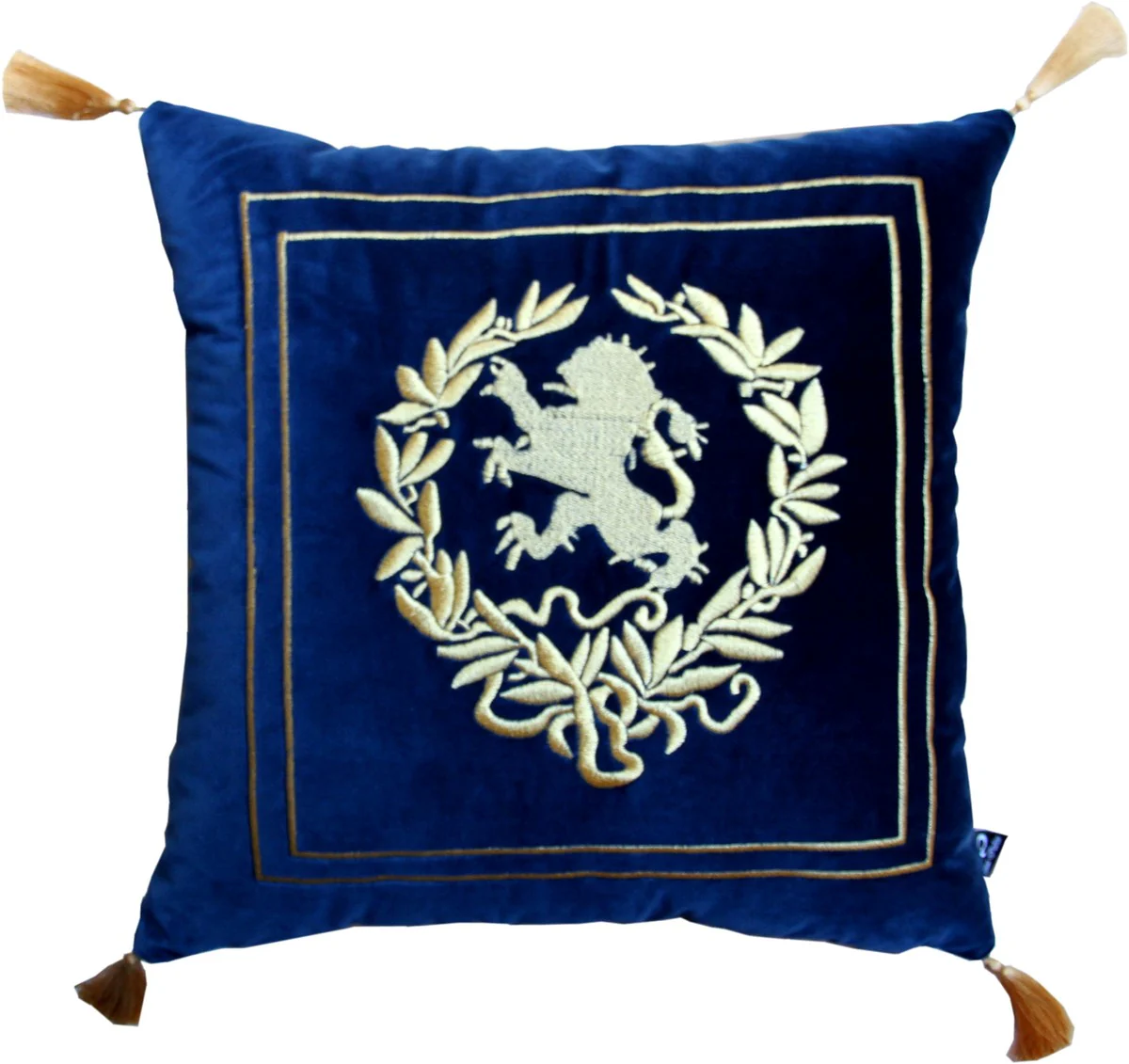 Luxury decorative cushion coat of arms dark blue / gold with golden tassels 45 x 45 cm - finest velvet fabric - luxury home decoration