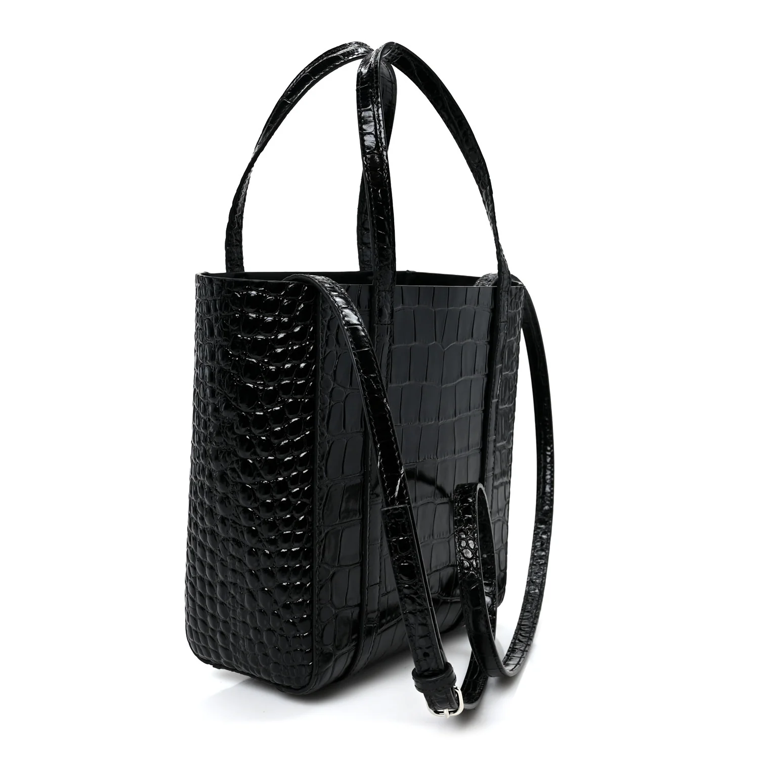Shiny Calfskin Logo Crocodile Embossed XXS Everyday Tote  Black