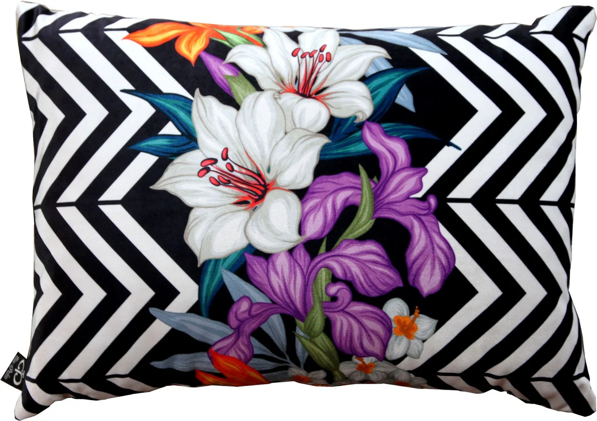 Living room cushion Georgia Flowers black / white / multicolored lily 35 x 55 cm - finest velvet fabric - luxury decorative accessories