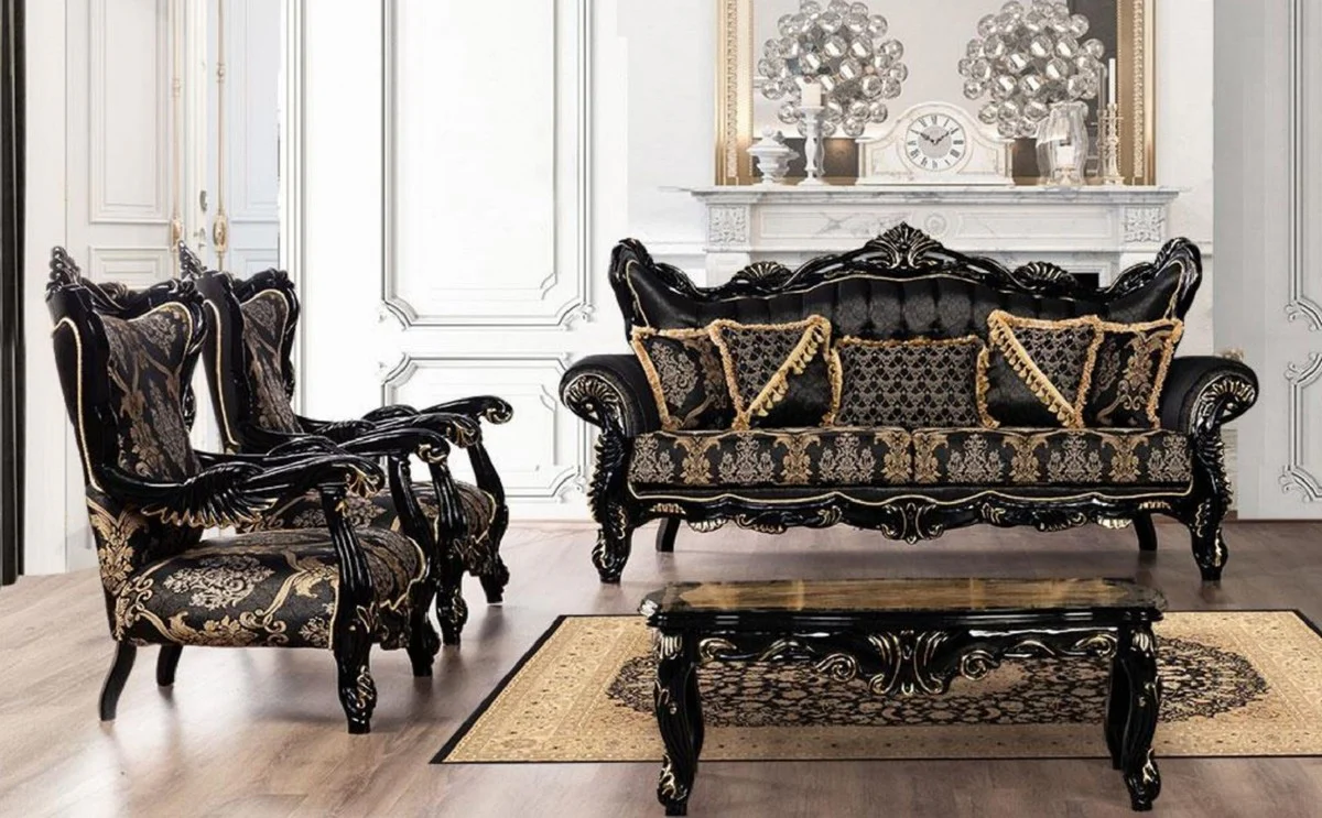 Luxury Baroque Living Room Set Black / Gold - 2 Sofas with Pattern & 2 Armchairs with Pattern & 1 Coffee Table - Magnificent Baroque Living Room Furniture