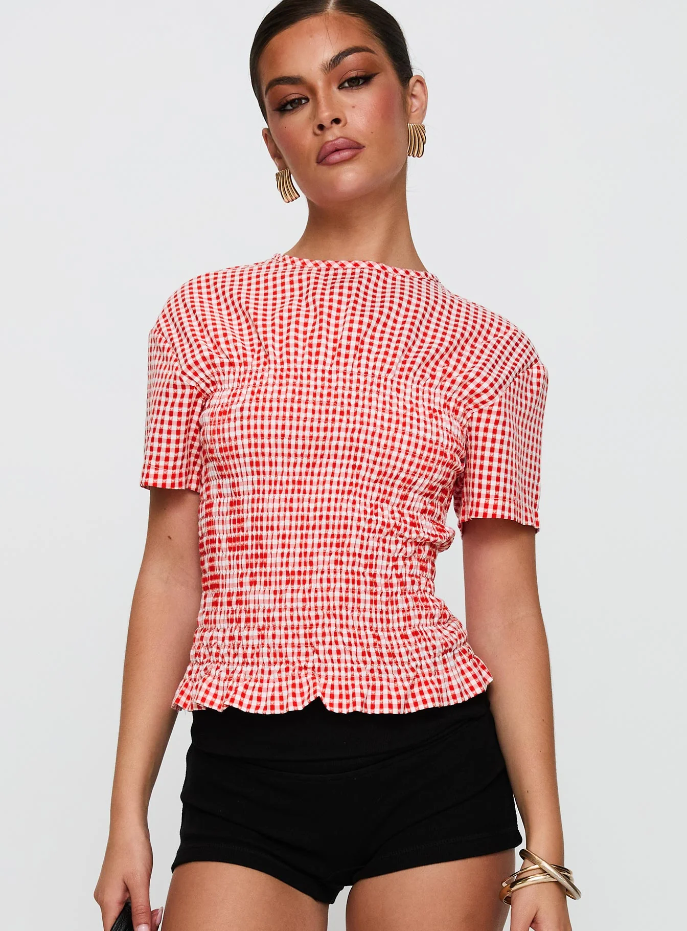 Maybe Tomorrow Ruched Top Red Check