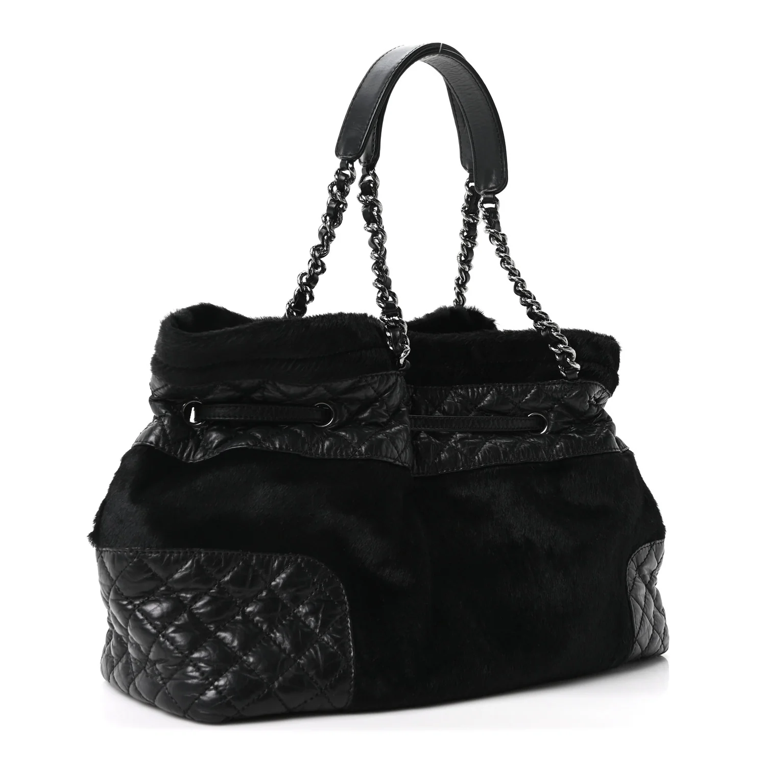 Aged Calfskin Pony Hair Quilted Small Miss Pony Drawstring Tote Black - Top Club