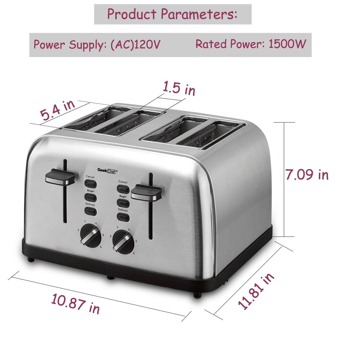 Extra Wide Slots Toaster 4 Slice, 6 Browning Settings Auto Pop-Up - Stainless Steel - 10.9 W x 11.8 D x 7.1 H Inches - Silver