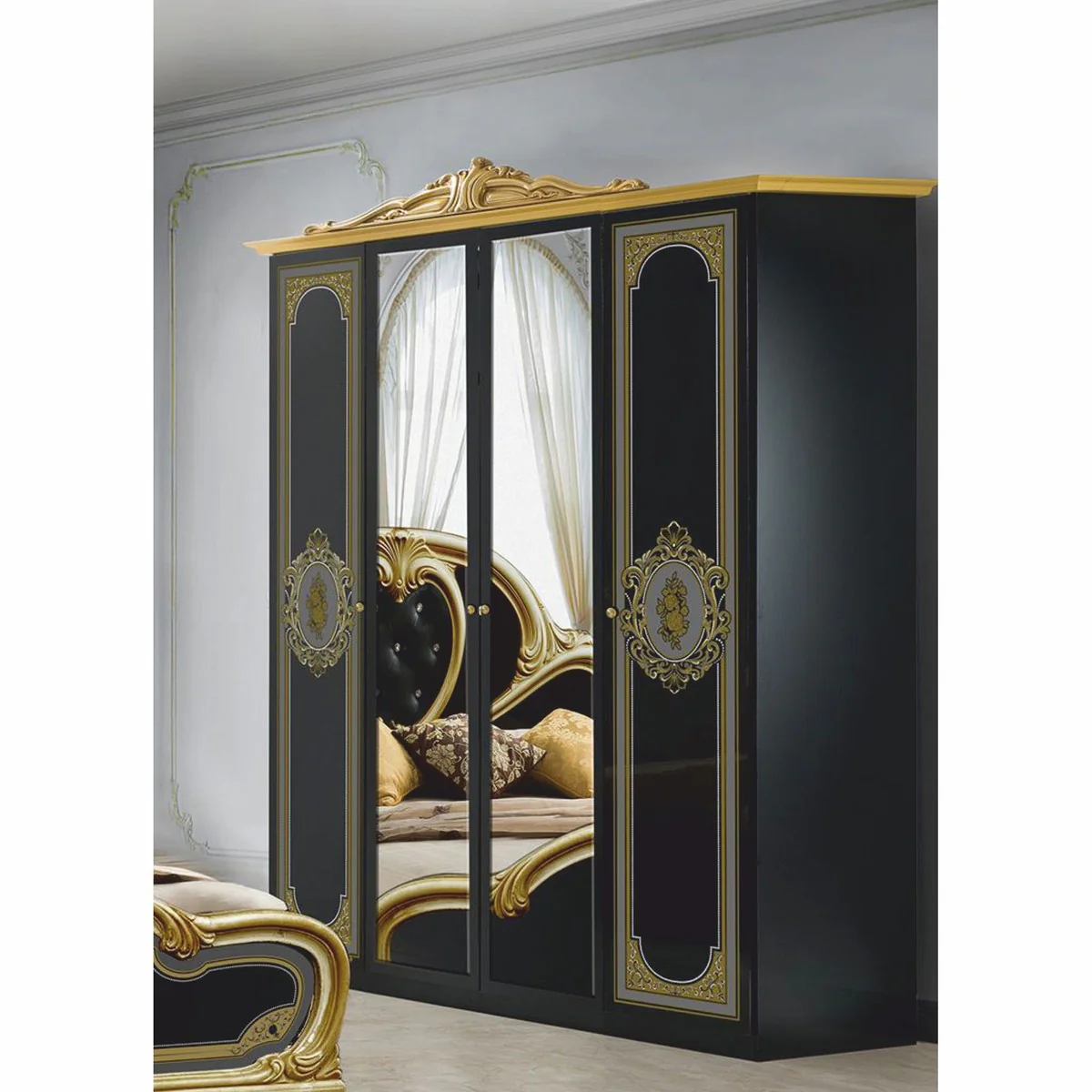 Luxury Baroque Bedroom Cabinet Black / Gold 177 cm - Baroque Bedroom Furniture