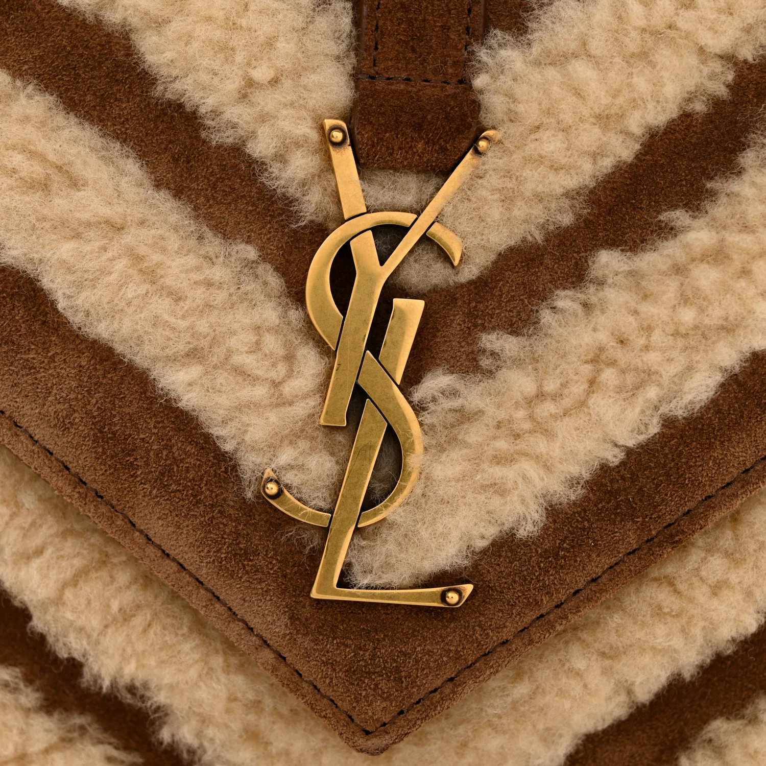 Nubuck Shearling Chevron Monogram Medium College Bag Dark Cigar Natural Beige - Top Club