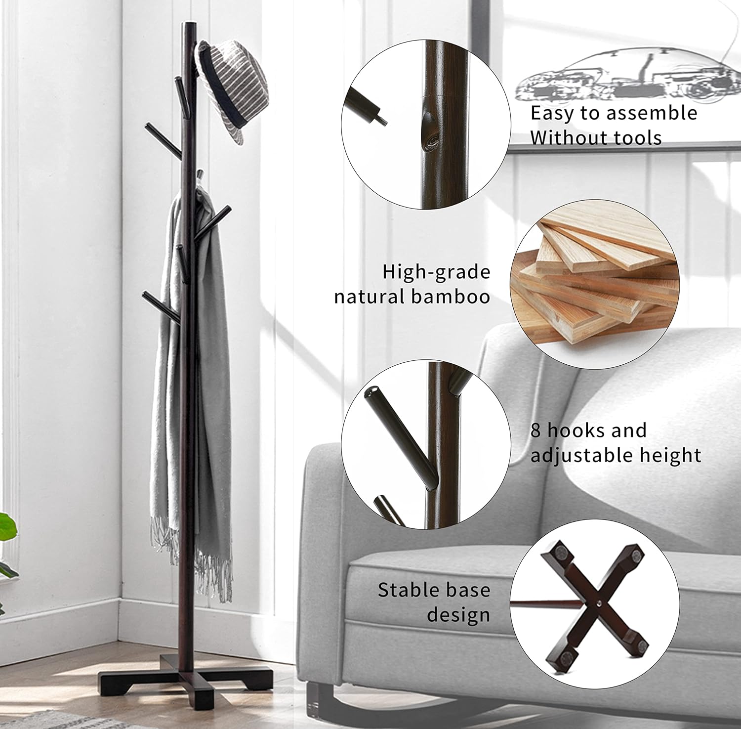 Wooden Coat Rack Stand With 8 Hooks Hall Tree Bamboo Coat Hanger Freestanding Entryway,Hallway, Bedroom, Office for Clothes, Jacket, Scarves (Brown)