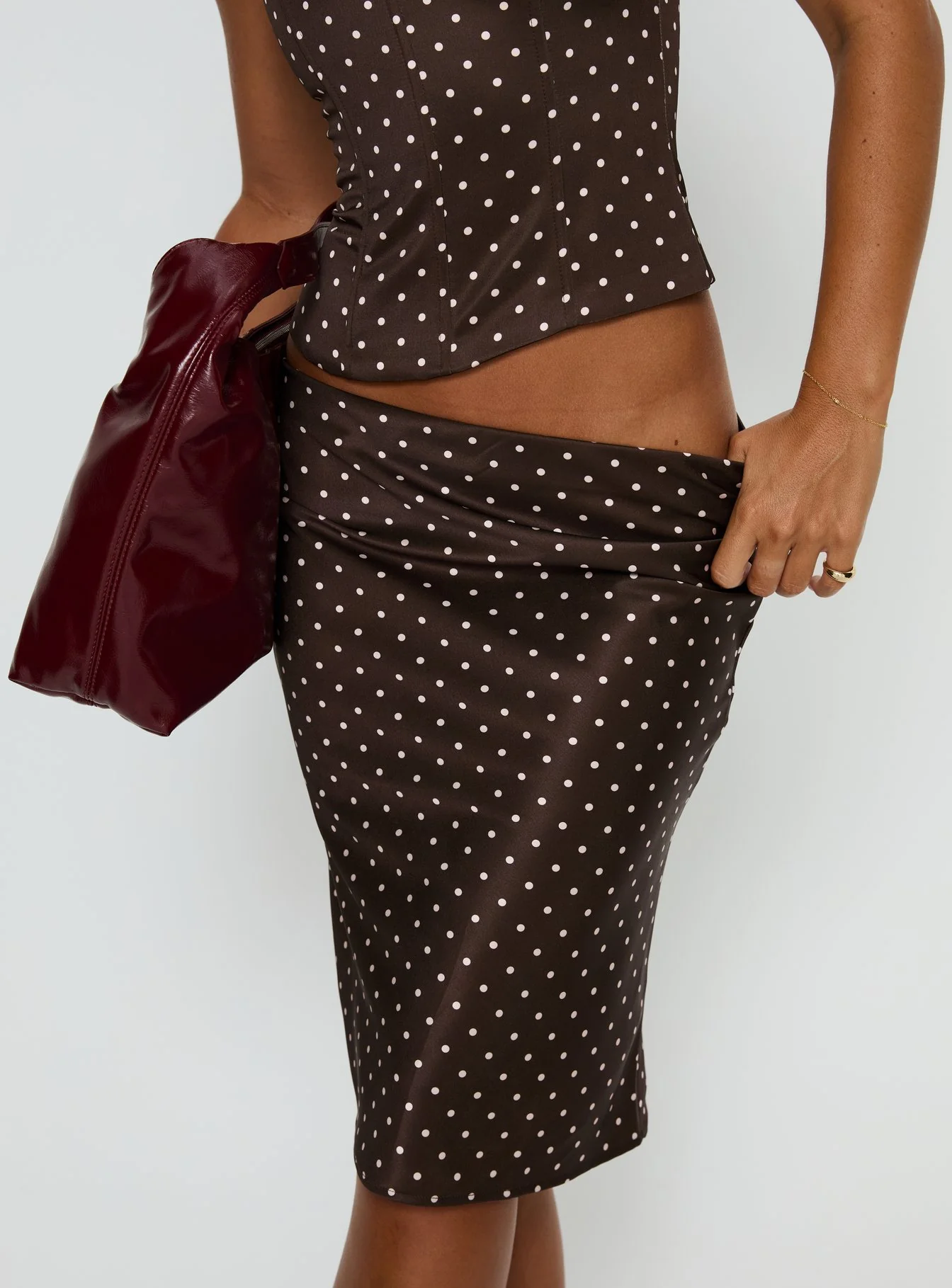 Somani Satin Midi Skirt Brown / Pink Polka Dot