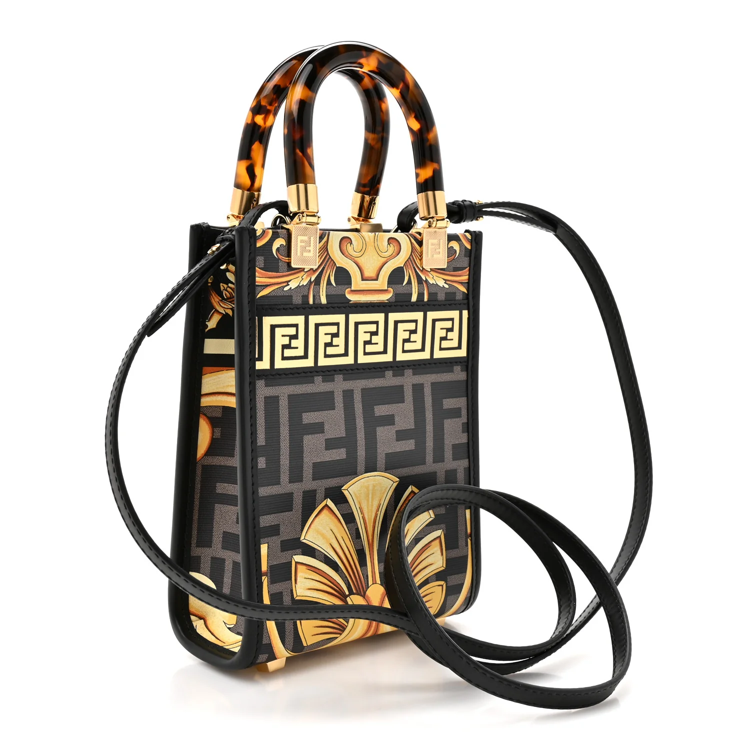 X VERSACE Vitello King Catalan Mirror Plexiglass Fendace FF Baroque Logo Mini Fendi Sunshine Shopper Tote Black Gold - Top Club