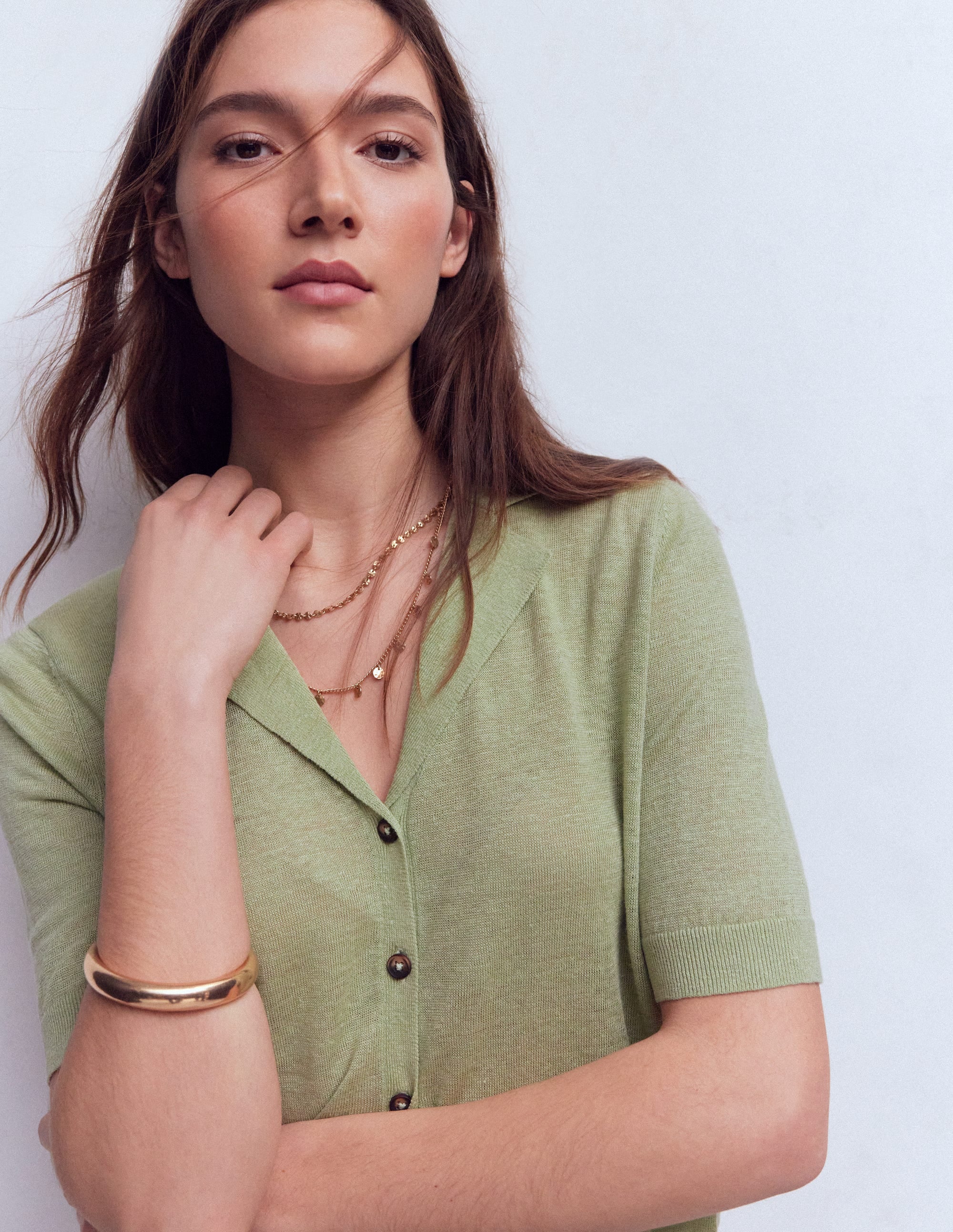 Agnes Leinenstrickjacke mit Kragen-GRÜN
