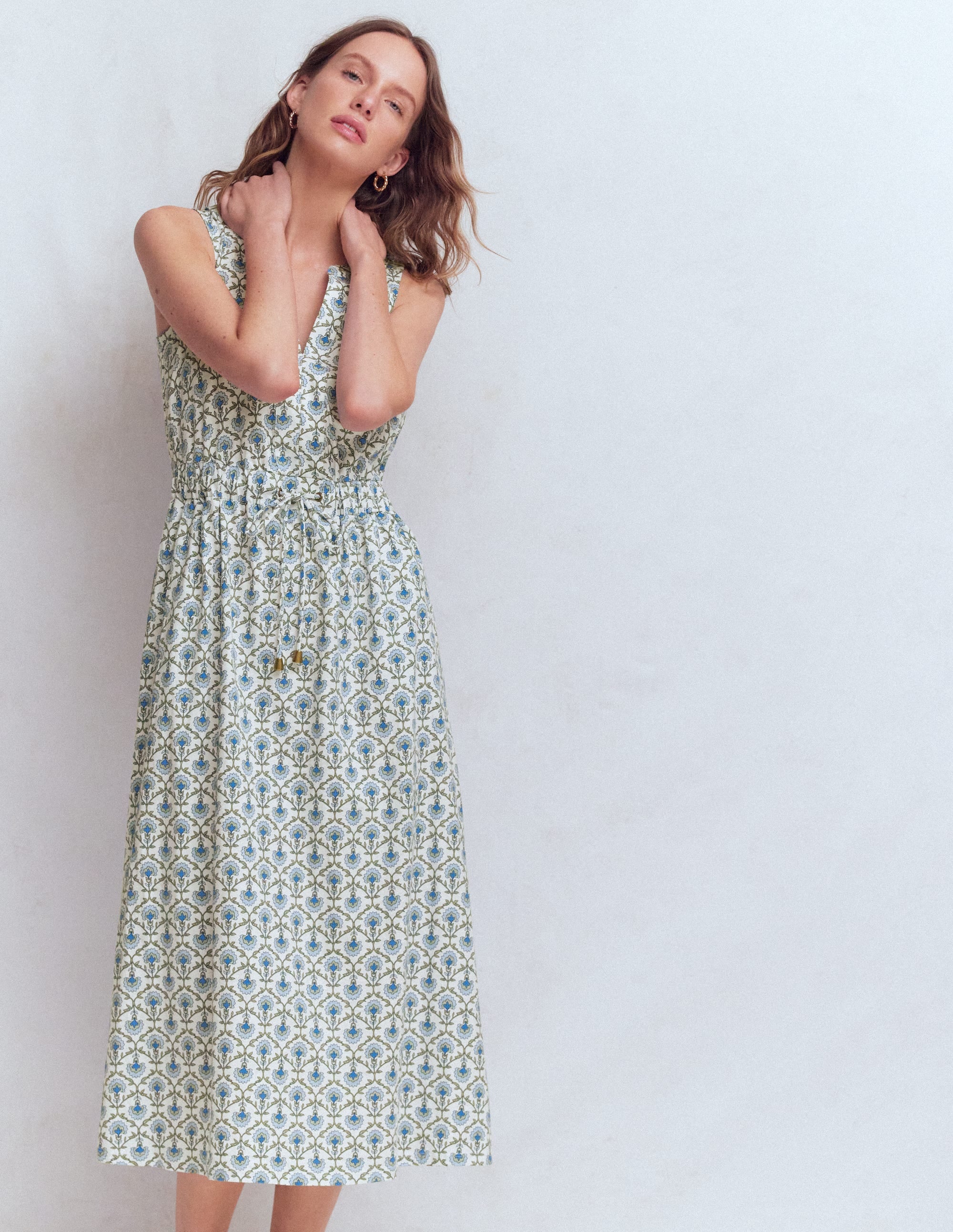 Delphine Jersey-Midikleid-Naturweiß, Blumengitter