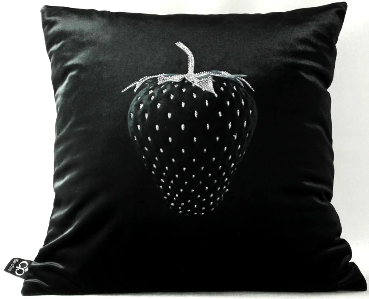 Luxury decorative cushion Strawberry with Bling Bling glitter stones black / silver 45 x 45 cm - Finest velvet fabric - Luxury decorative accessories
