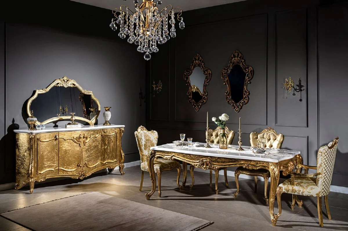 Luxury baroque dining room chair set white / gold - 6 handmade kitchen chairs in baroque style - baroque dining room furniture - noble and magnificent