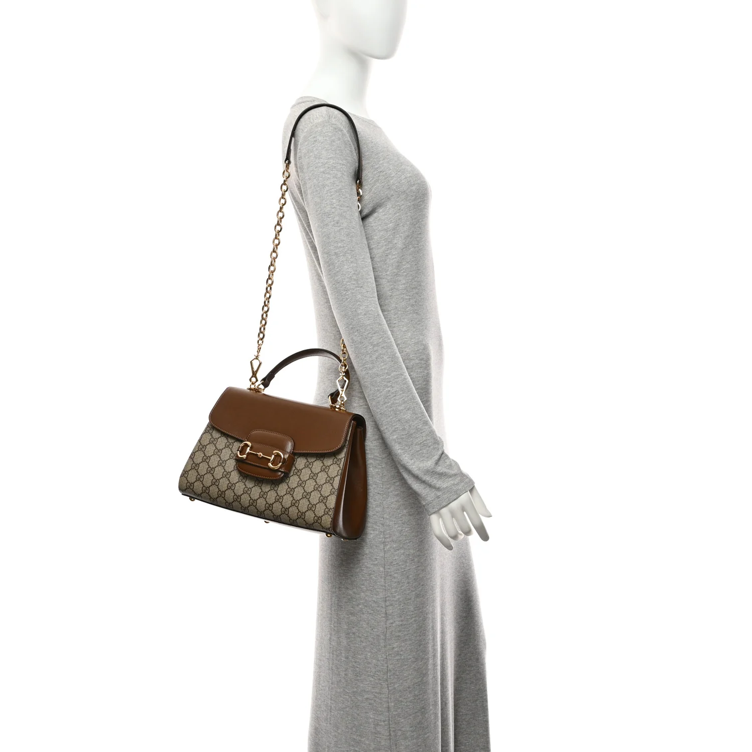 GG Supreme Monogram Calfskin Medium Horsebit 1955 Top Handle Bag Beige Ebony Brown Sugar