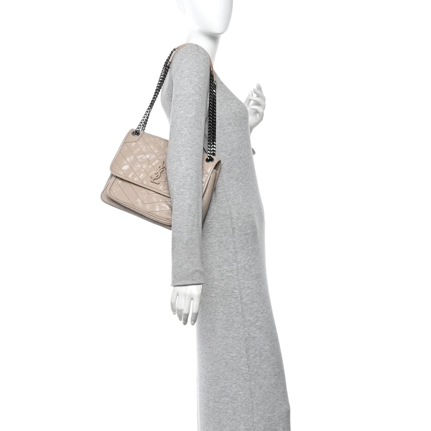 Crinkled Calfskin Matelasse Monogram Medium Niki Chain Satchel Light Natural