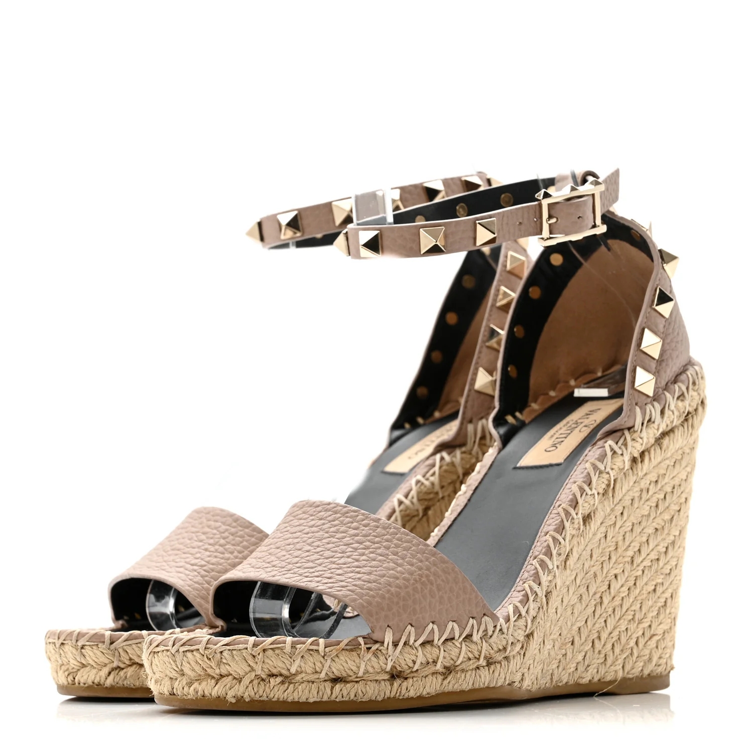 Grained Calfskin Rockstud Ankle Strap Espadrille 15/105mm Wedge Sandals 35 Rose Quartz Natural - Top Club