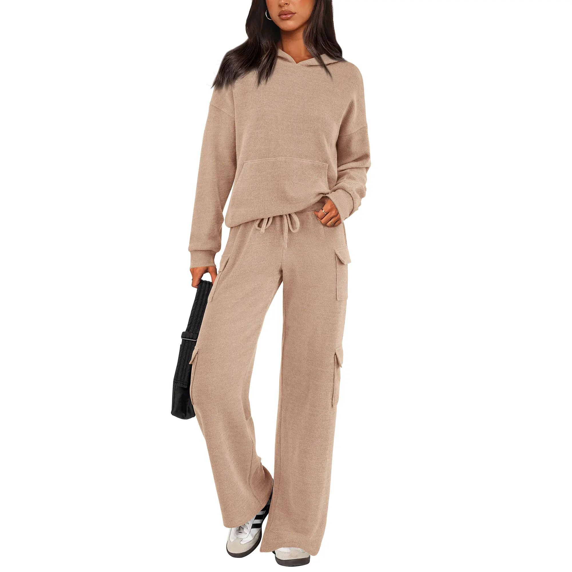 PRETTYGARDEN Women's Navy Blue 2-Piece Knitted Sets Hoodie & Wide Leg Pants with Pockets Drawstring Long Sleeve Loungewear Tracksuits Basic Fitted Clothes