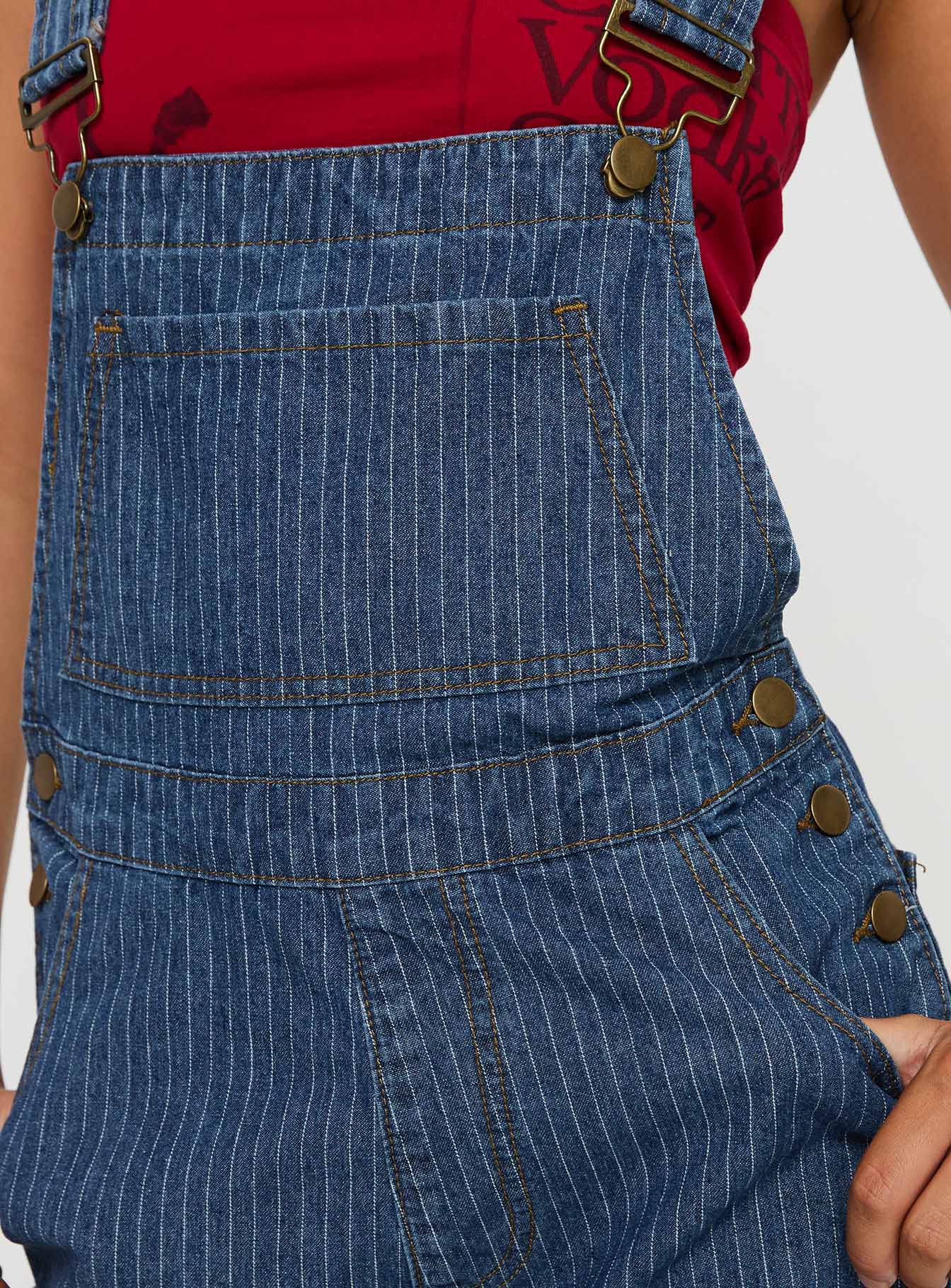 Kacey Short Overalls Mid Blue Pinstripe