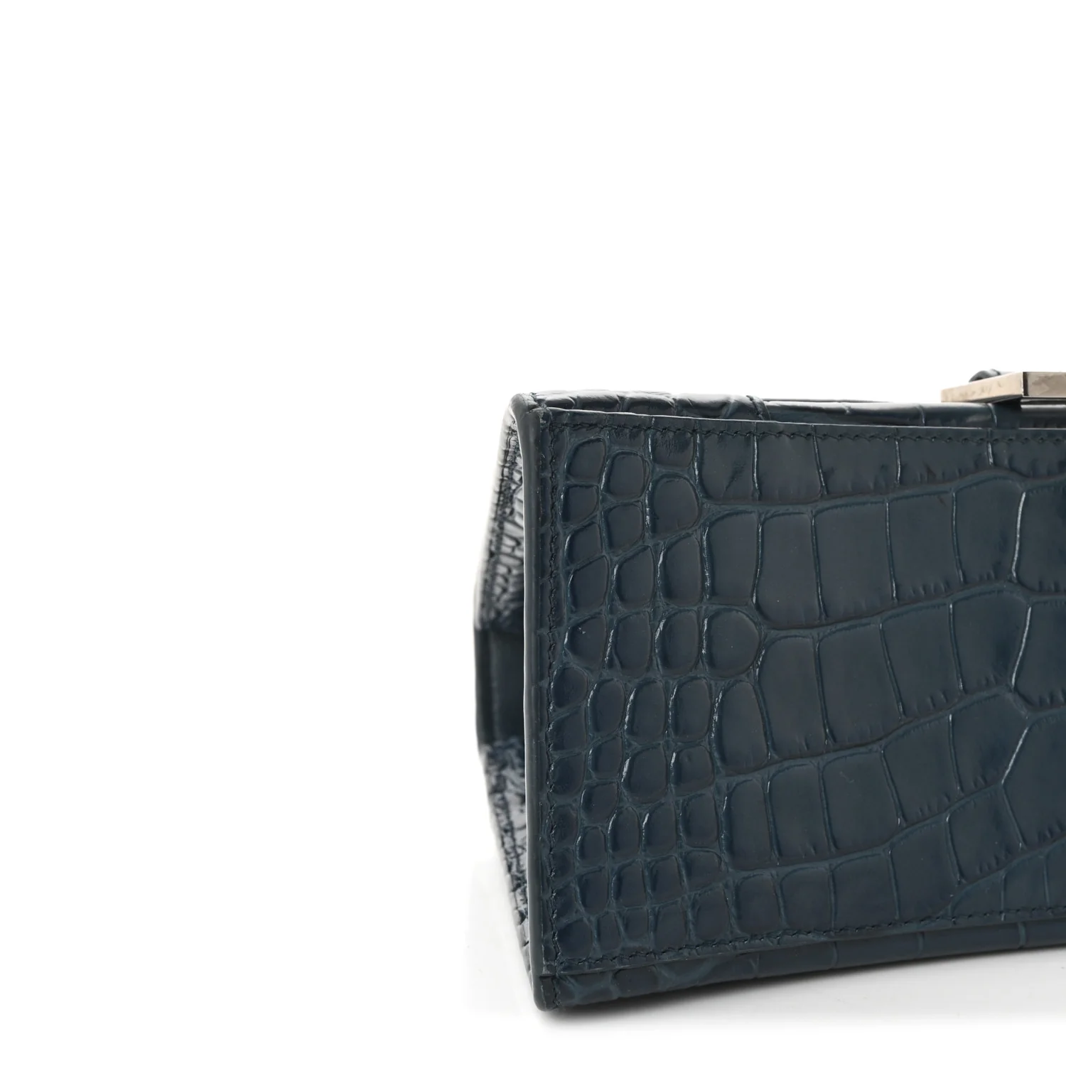Shiny Calfskin Crocodile Embossed Small Hourglass Top Handle Bag Dark Petrol Blue - Top Club