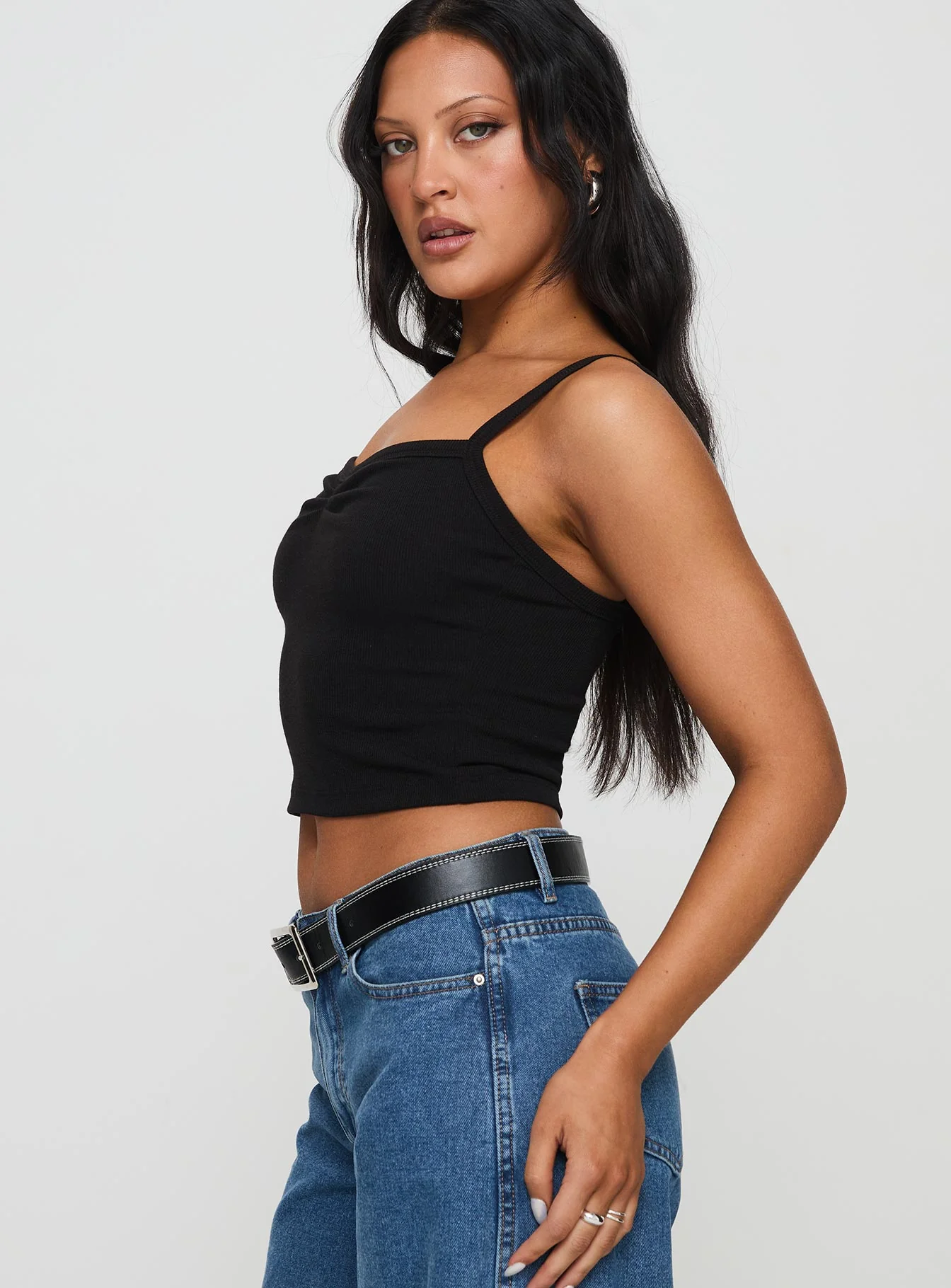 Essentials Ruched Rib Cami Top Black