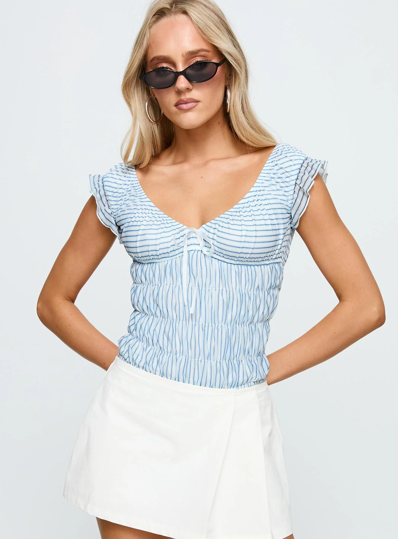 Ahead Of Myself Off Shoulder Bodysuit Blue Stripe