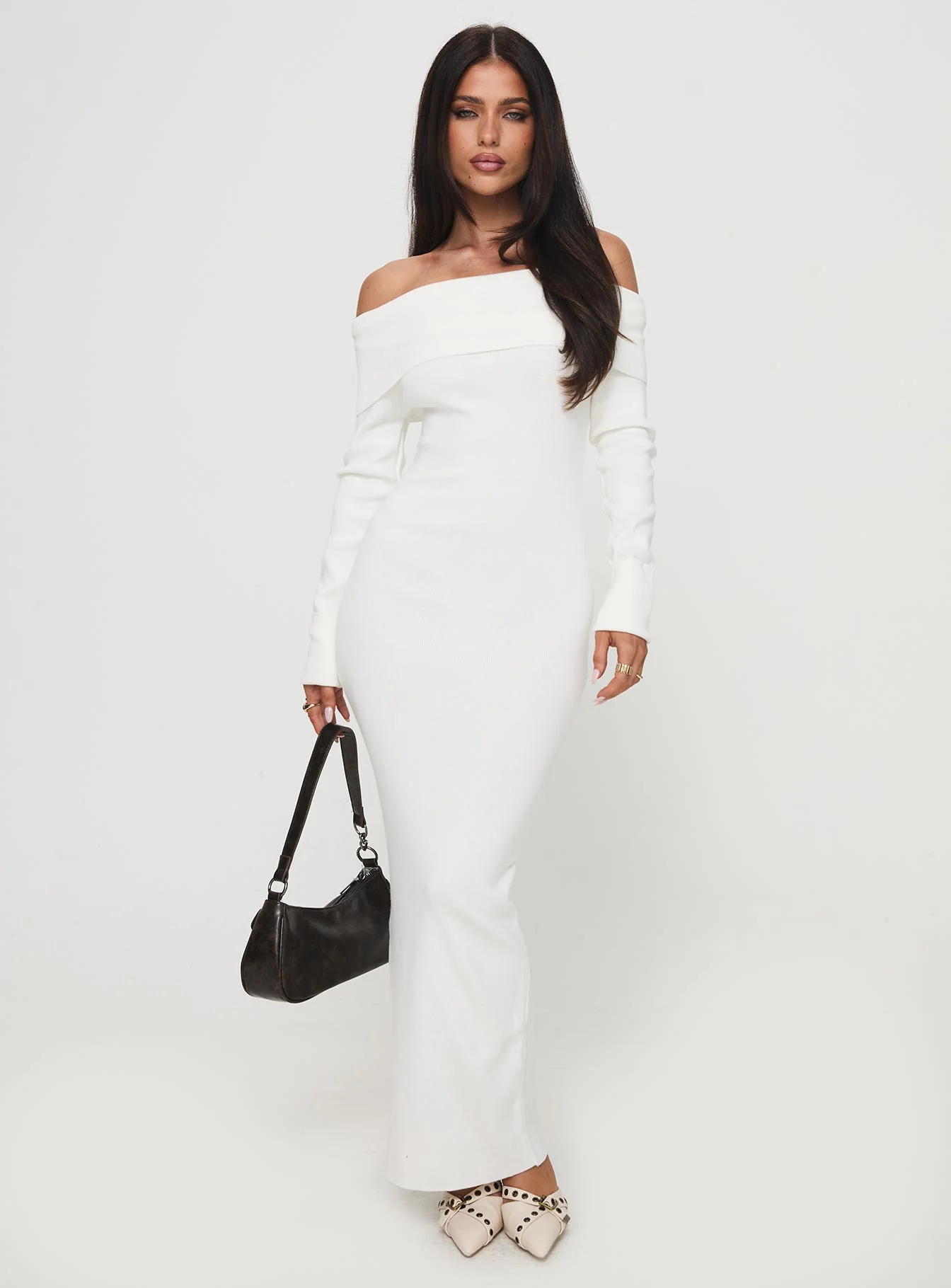 Celestara Long Sleeve Off Shoulder Maxi Dress White