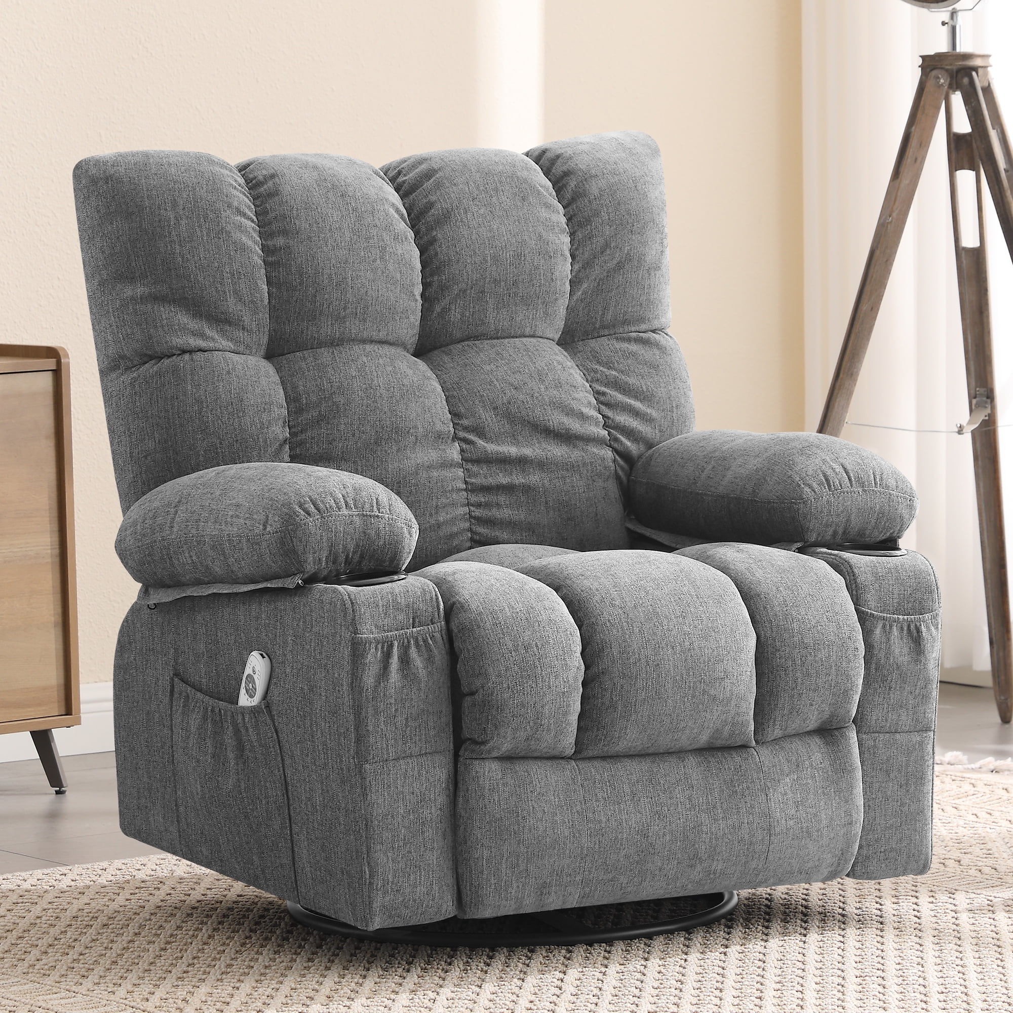 JONPONY Manual Recliner Chair with Heat Therapy and Massage Function, Heavy Duty Reclining Mechanism Massage Chair, Elderly Single Rocker Sofa with Cup Holders for Bedroom Home Theater, Grey