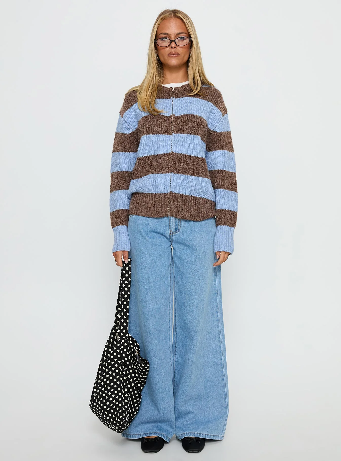 Queena Zip Through Knit Sweater Blue Stripe