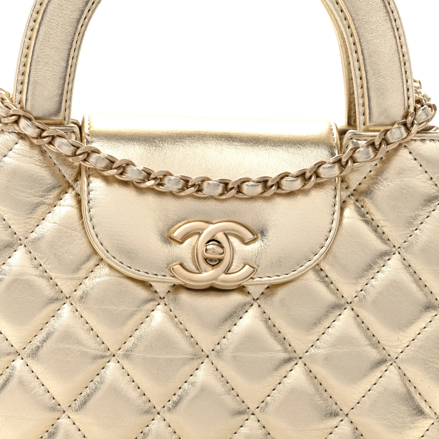 Metallic Shiny Aged Calfskin Quilted Nano Kelly Shopper Gold - Top Club