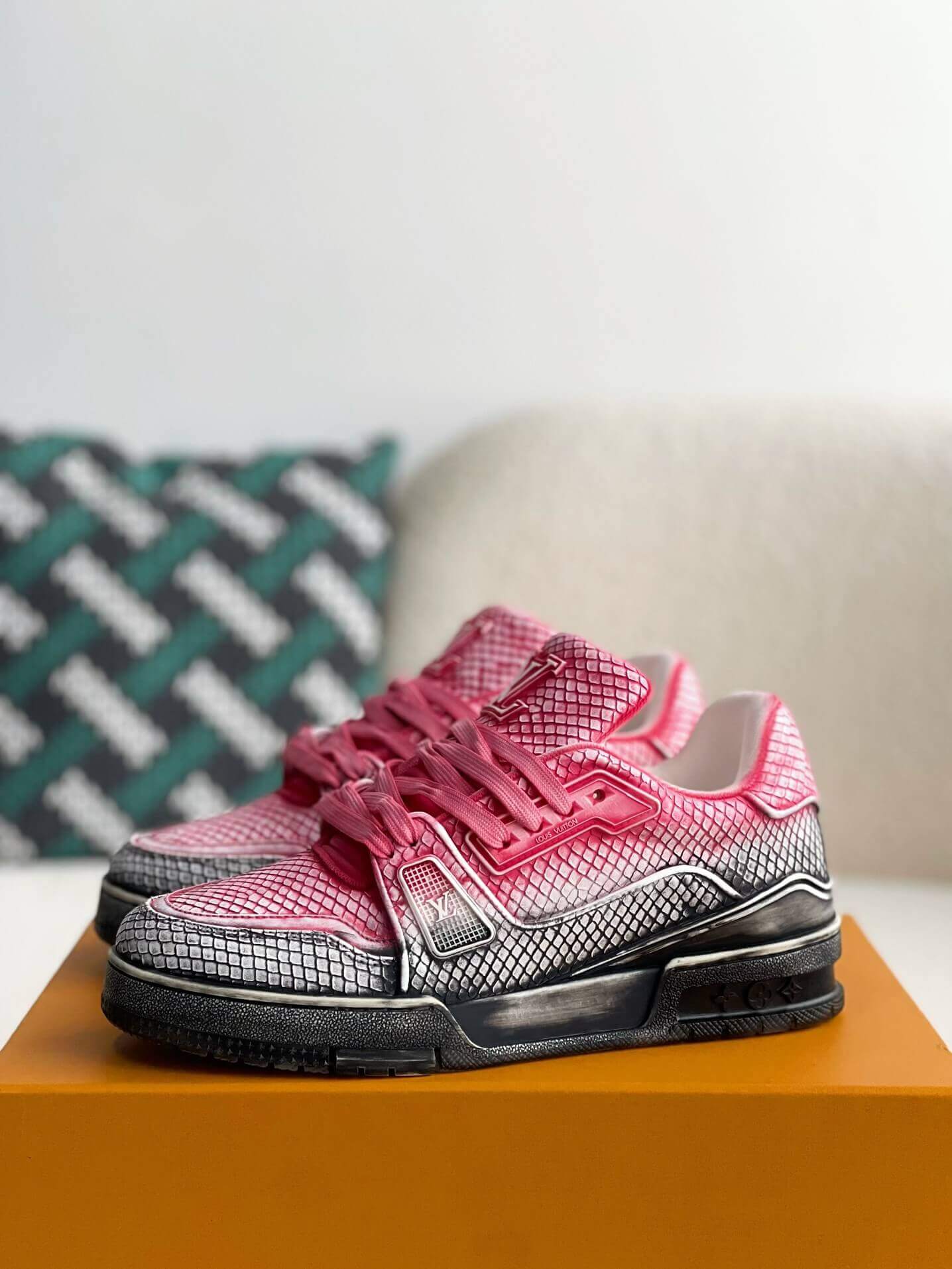 Louis Vuitton LV Trainer Snake Skin Textured Pink Shade Custom Sneaker - Sneaker Replica Workshop