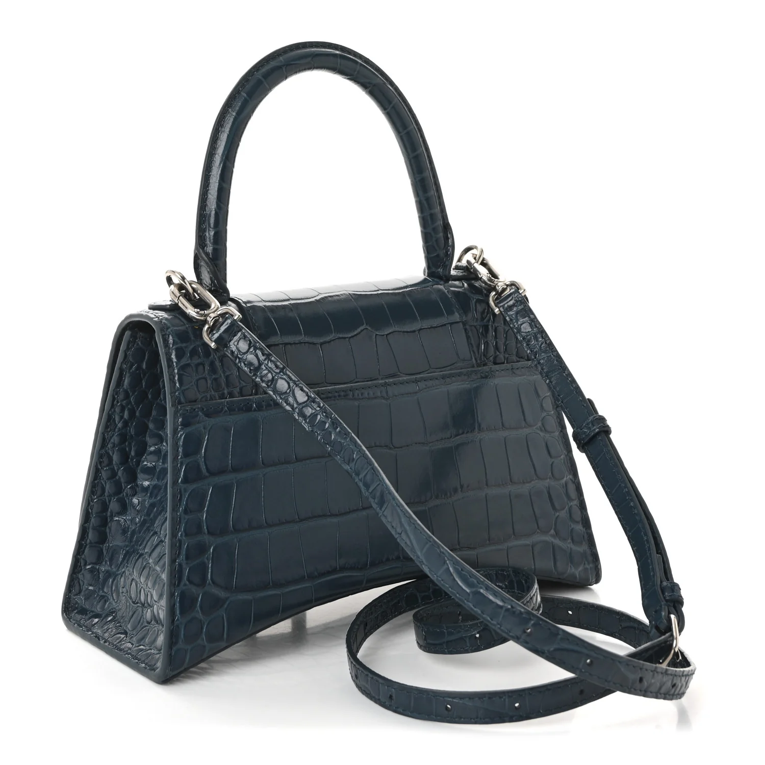 Shiny Calfskin Crocodile Embossed Small Hourglass Top Handle Bag Dark Petrol Blue - Top Club
