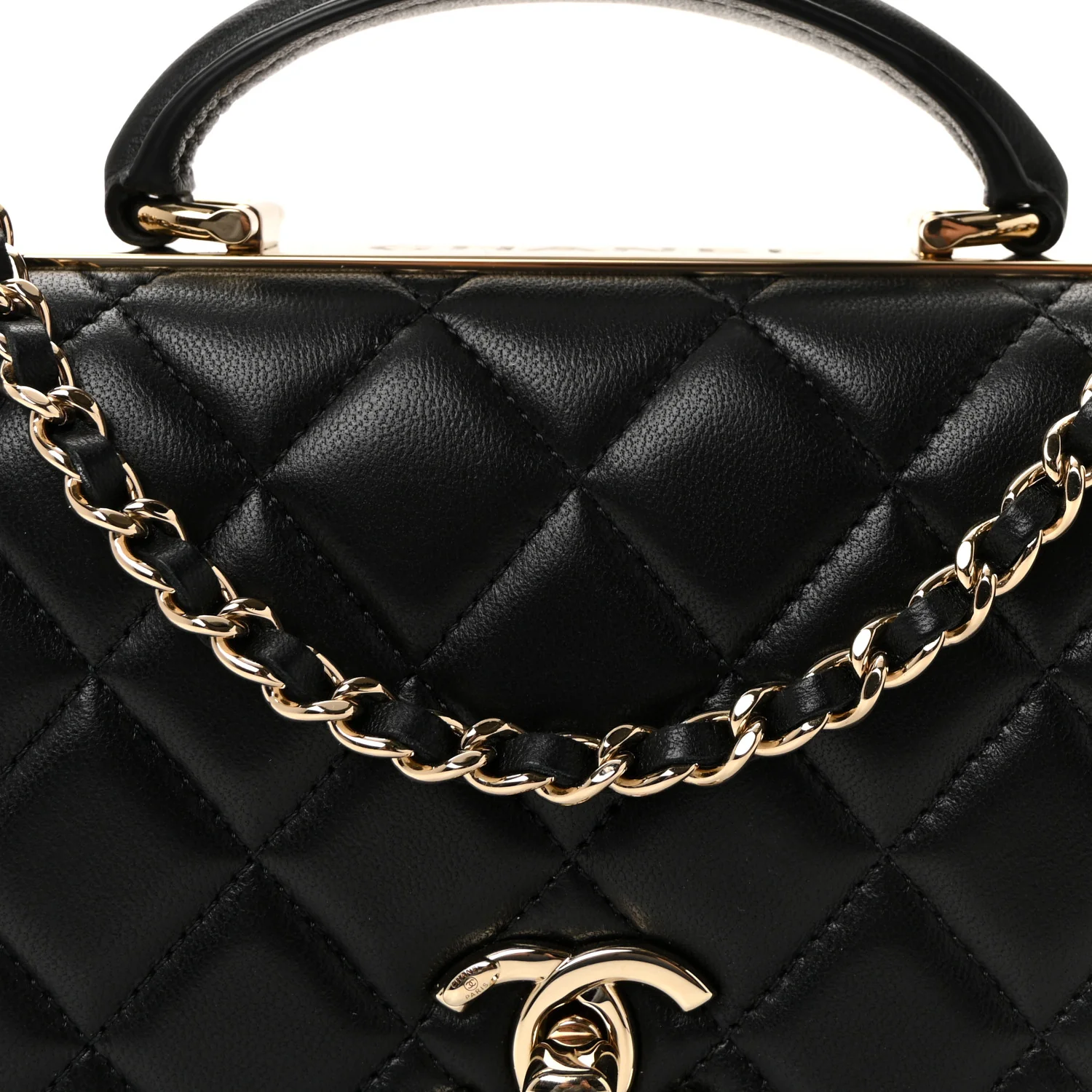 Lambskin Quilted Top Handle Trendy CC Wallet On Chain WOC Black - Top Club