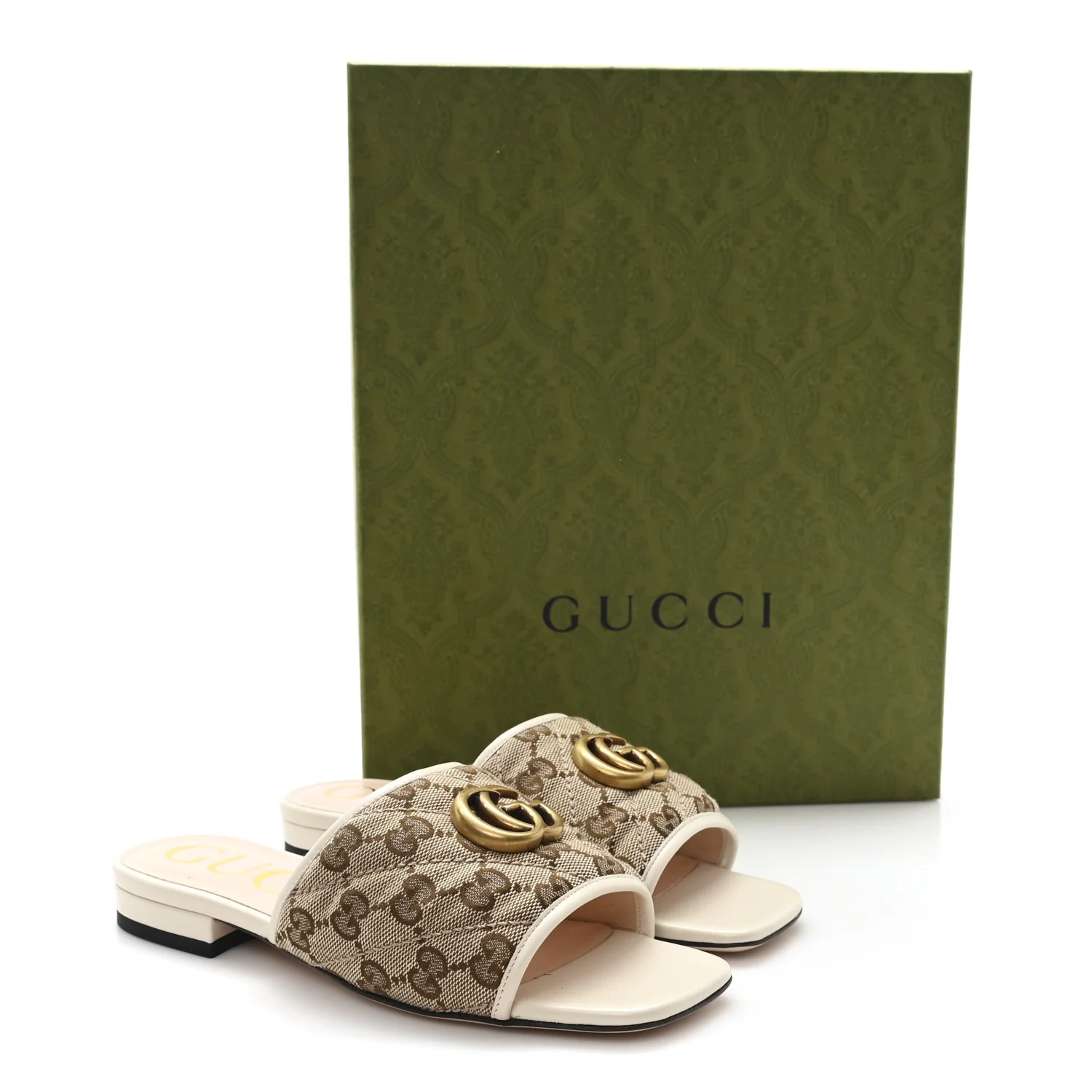 Monogram Matelasse Diagonal GG Marmont Flat Slide Sandals  35 Beige Ebony Mystic White - Top Club