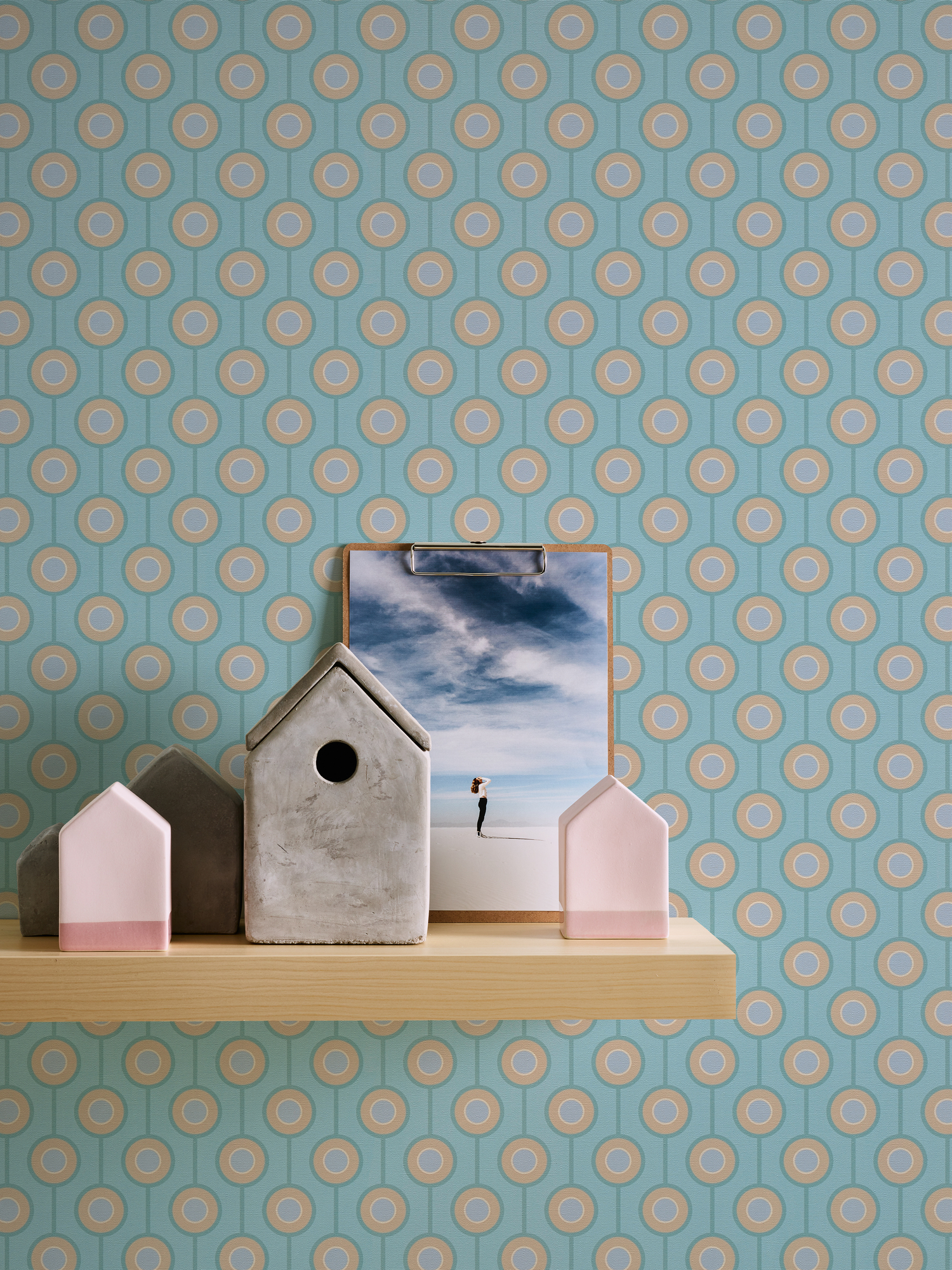 Retro cirkelpatroon op licht gestructureerd vliesbehang– turkoois, blauw, beige Retro cirkelpatroon op licht gestructureerd vliesbehang – turkoois, blauw, beige #1