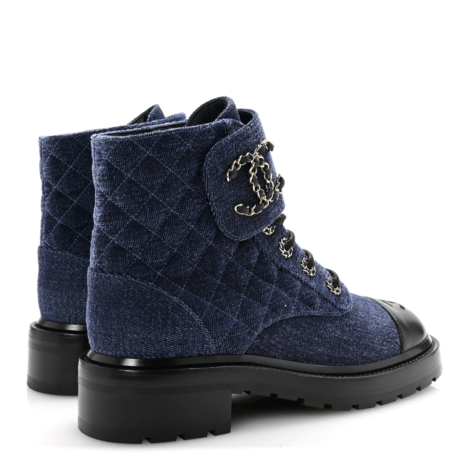 Shiny Calfskin Velvet Quilted Lace Up Combat Boots 38.5 Blue Black - Top Club