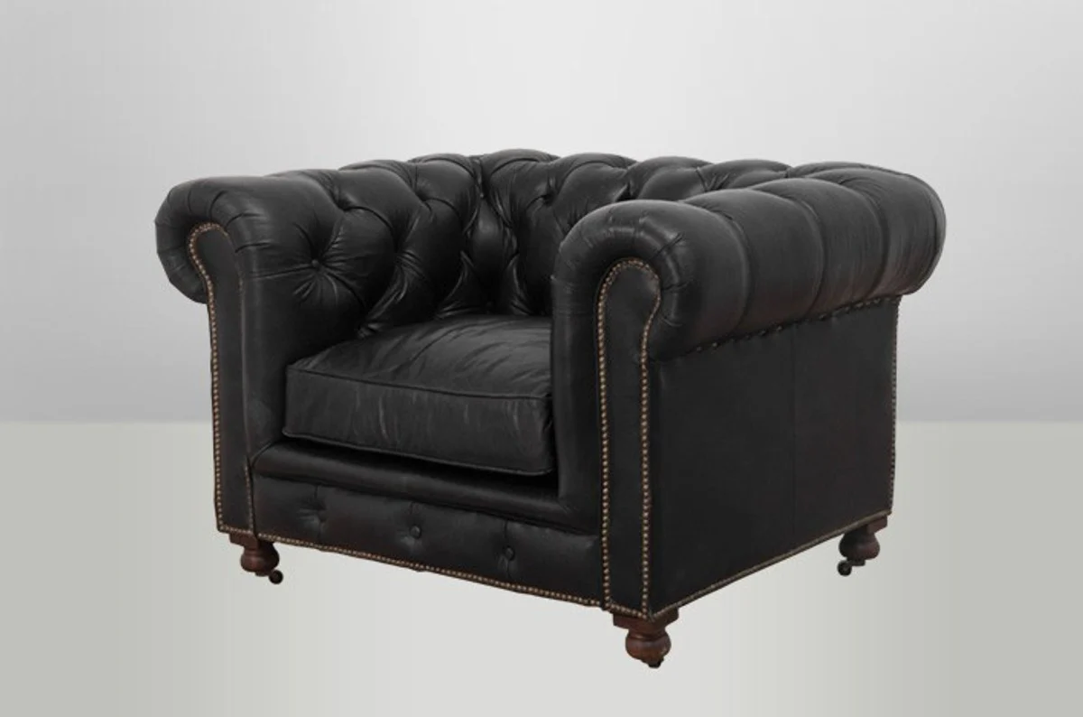 Chesterfield Luxury Real Leather Armchair Vintage Leather from Old Saddle Black - Club Armchair