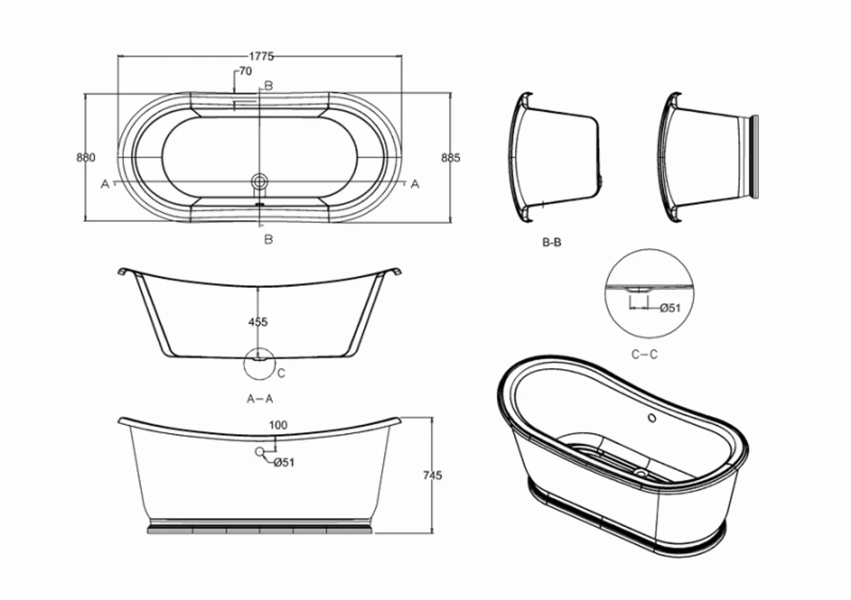 Freestanding bathtub 1800mm BAdm180 - Freestanding retro antique bathtub