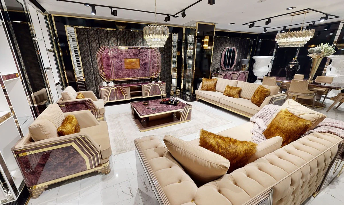 Luxury Art Deco Chesterfield Sofa Beige / Purple / Gray / Gold - Elegant living room sofa with marble look - Luxury Art Deco living room & hotel furniture