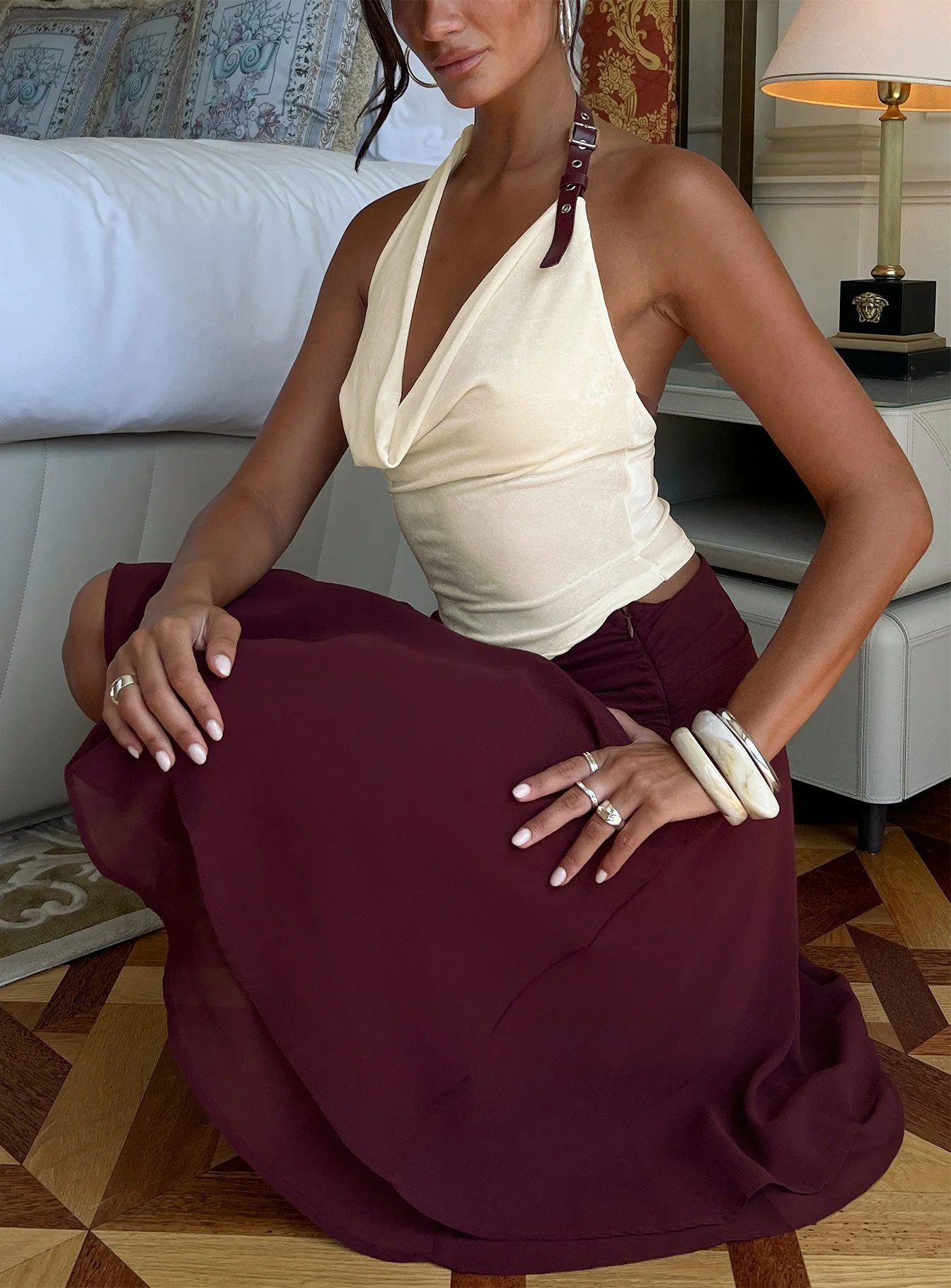 Syrenah Halter Cowl Neck Top Cream