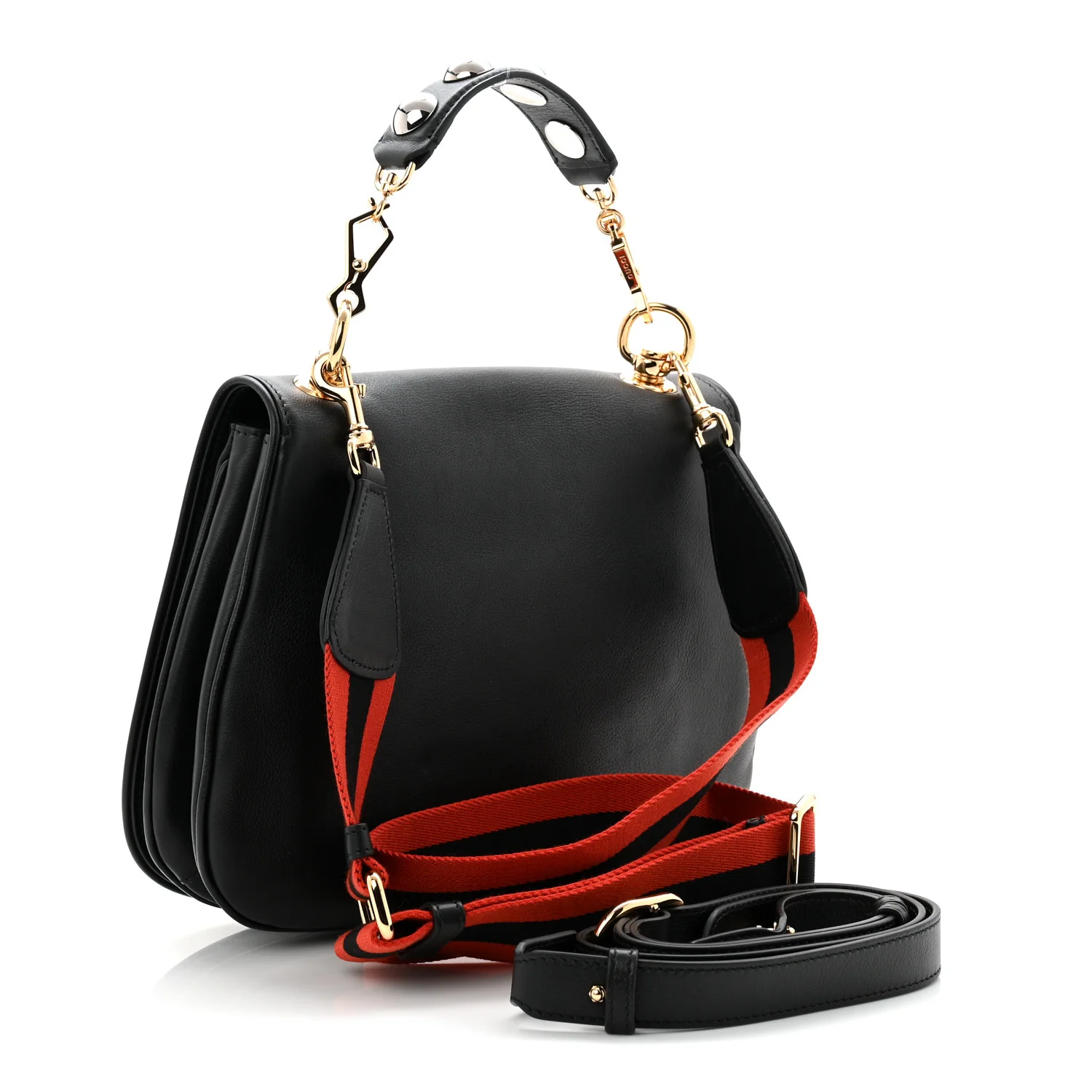 Roxy Calfskin Web Medium Blondie Top Handle Shoulder Flap Bag Black - Top Club