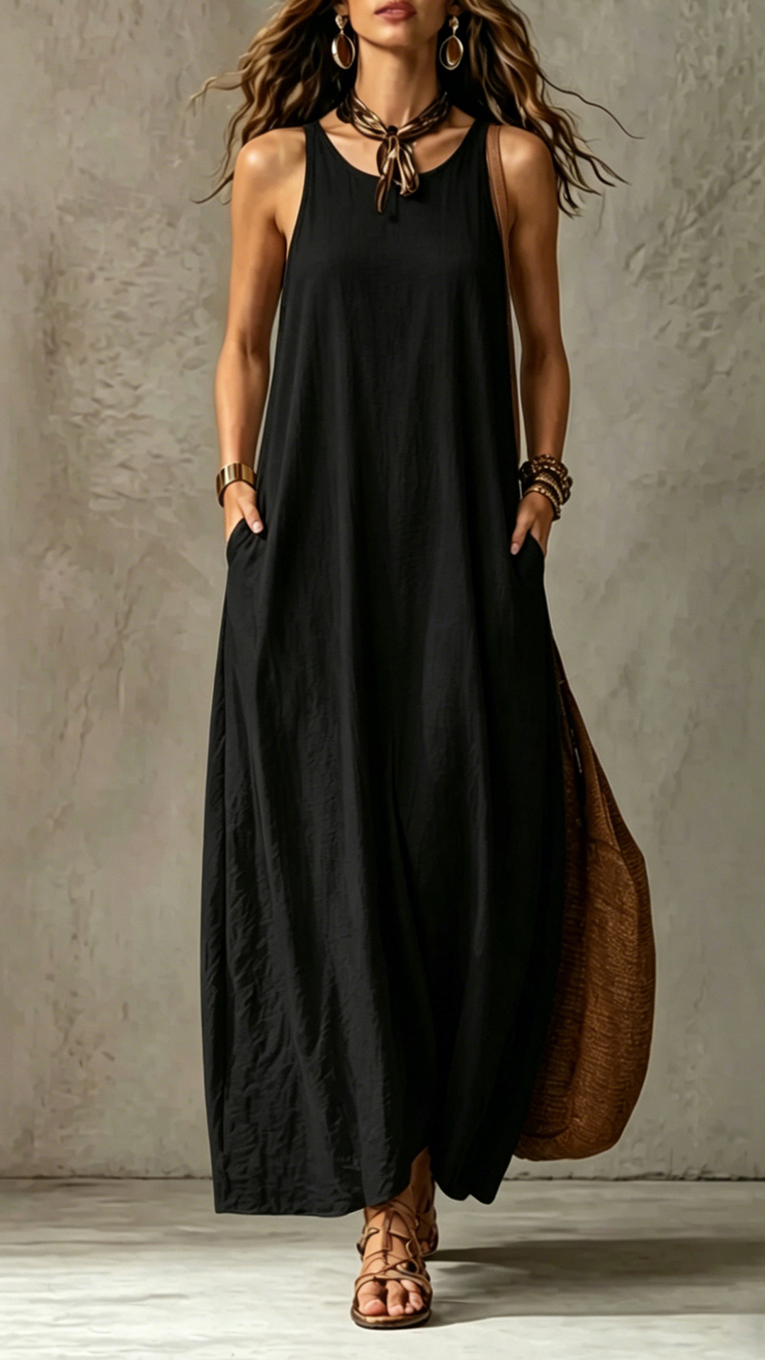 Women's Cotton‑blend Round‑neck Sleeveless Loose Draping Maxi Dress - Nordfashionstorm - Women's Clothing, Fashion for You - Nordfashionstorm.com