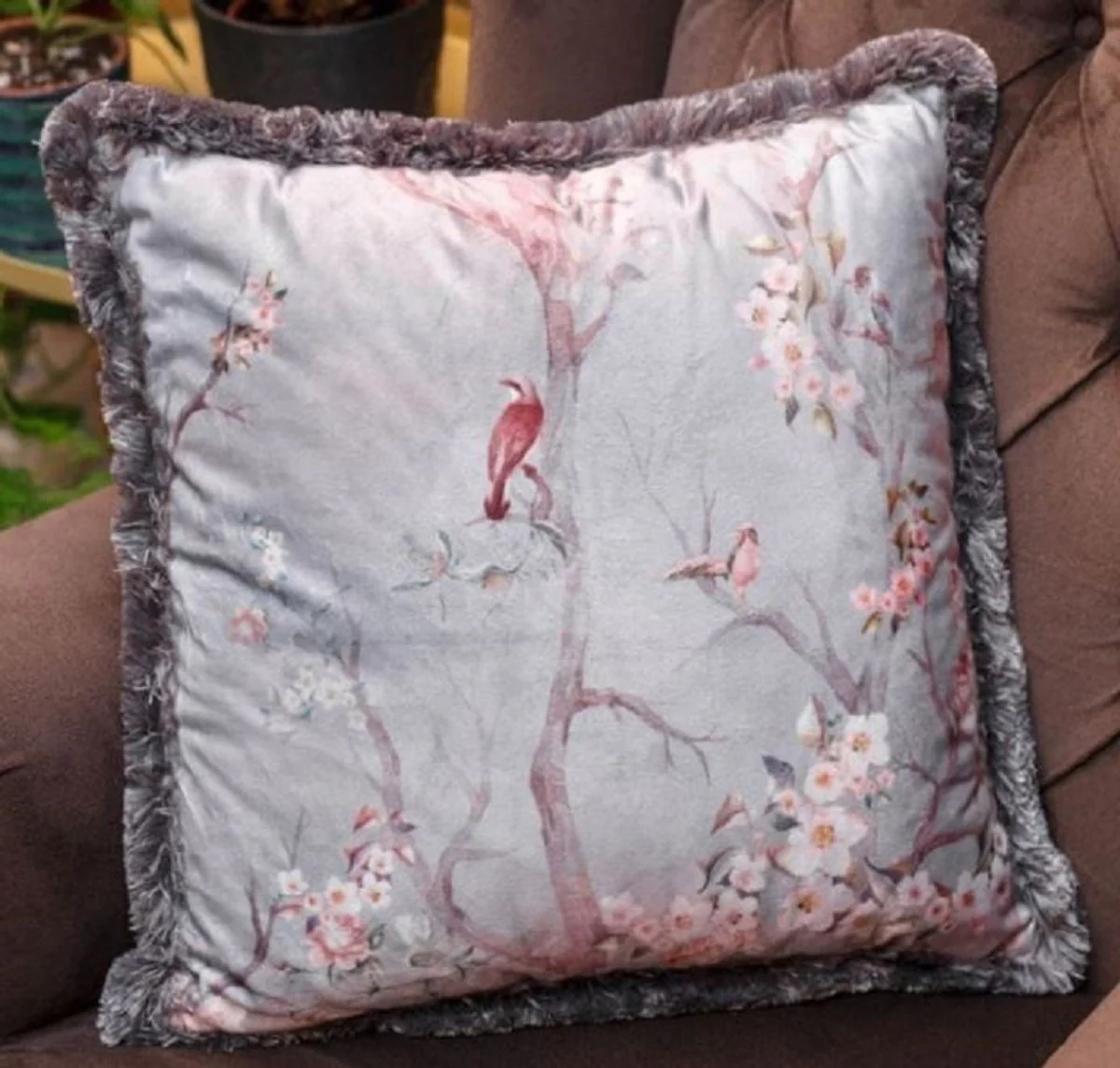Luxury decorative cushion birds in the forest light gray / multicolored 45 x 45 cm - printed velvet cushion with fringes - living room decorative accessories