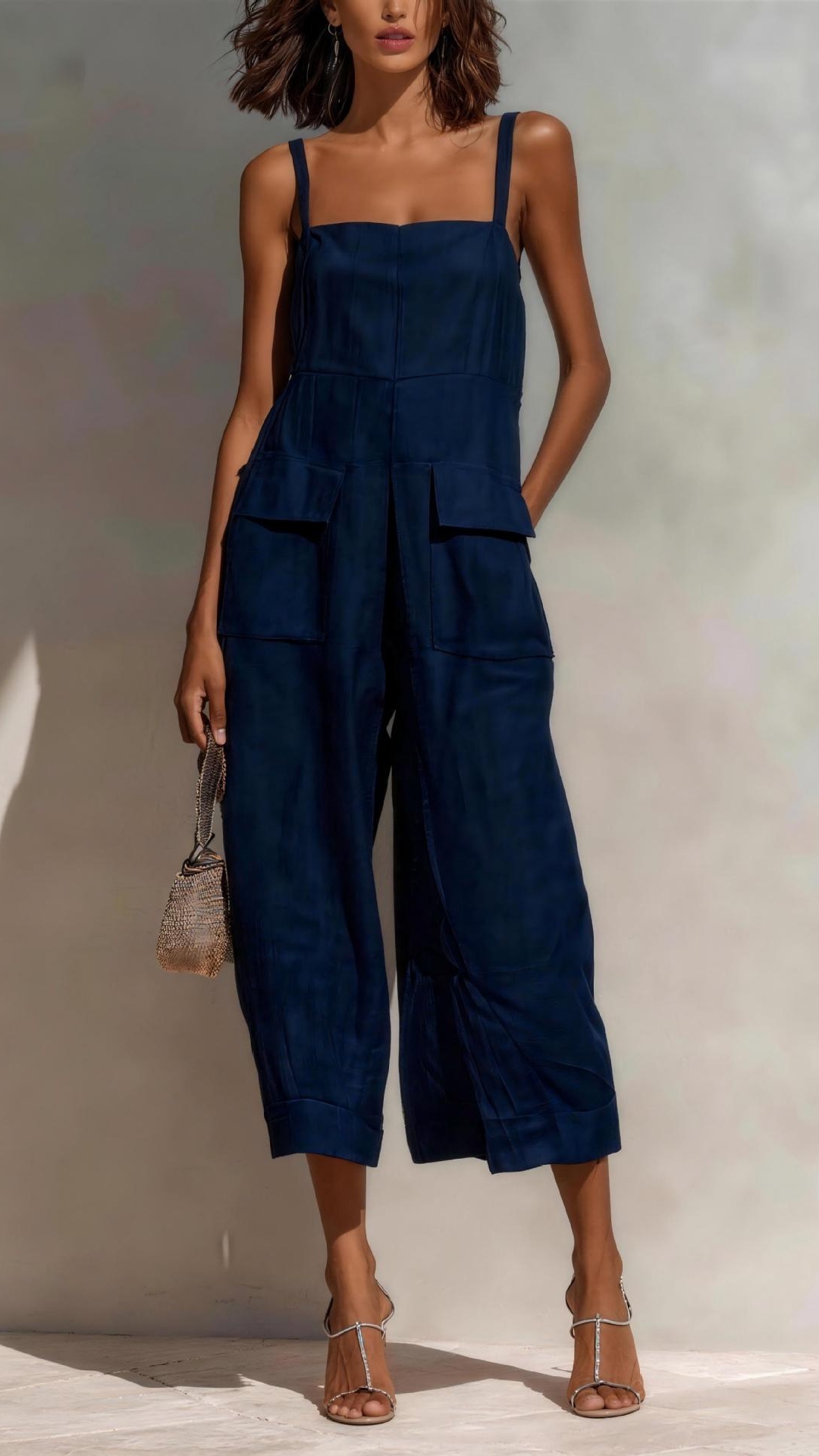 Women's Elegant Sleeveless Cropped Jumpsuit — Loose Fit, Wide-Leg, Thin Straps, Patch Pockets - Nordfashionstorm - Women's Clothing, Fashion for You - Nordfashionstorm.com