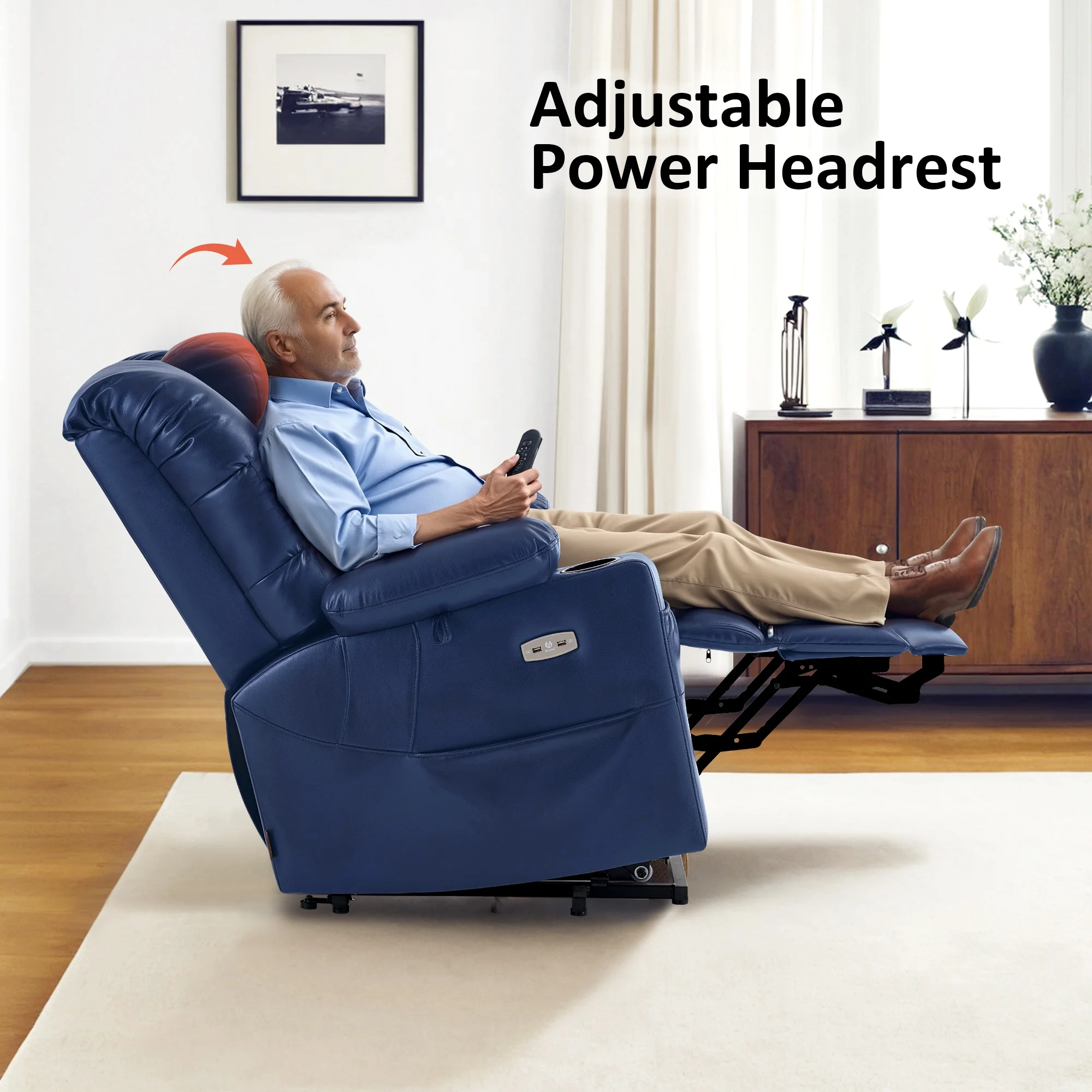 Mcombo Triple Motor Power Lift Recliner for Elderly, Sleep Recliner Sofa with Adjustable Headrest, Faux Leather, Dark Brown
